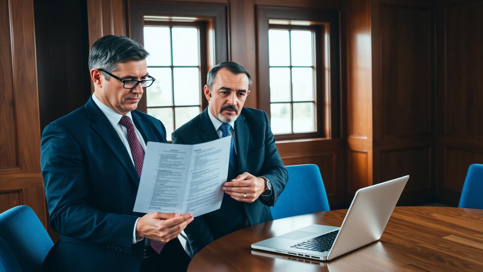 Managing partner reviewing a marketing proposal with a checklist in a law firm conference room