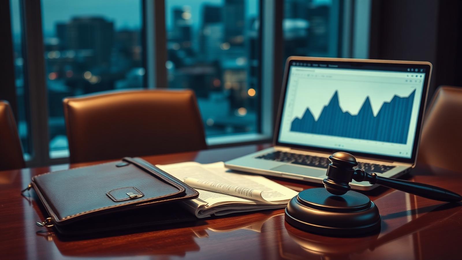 Law office boardroom with gavel, leather portfolio and laptop showing a declining then recovering analytics graph