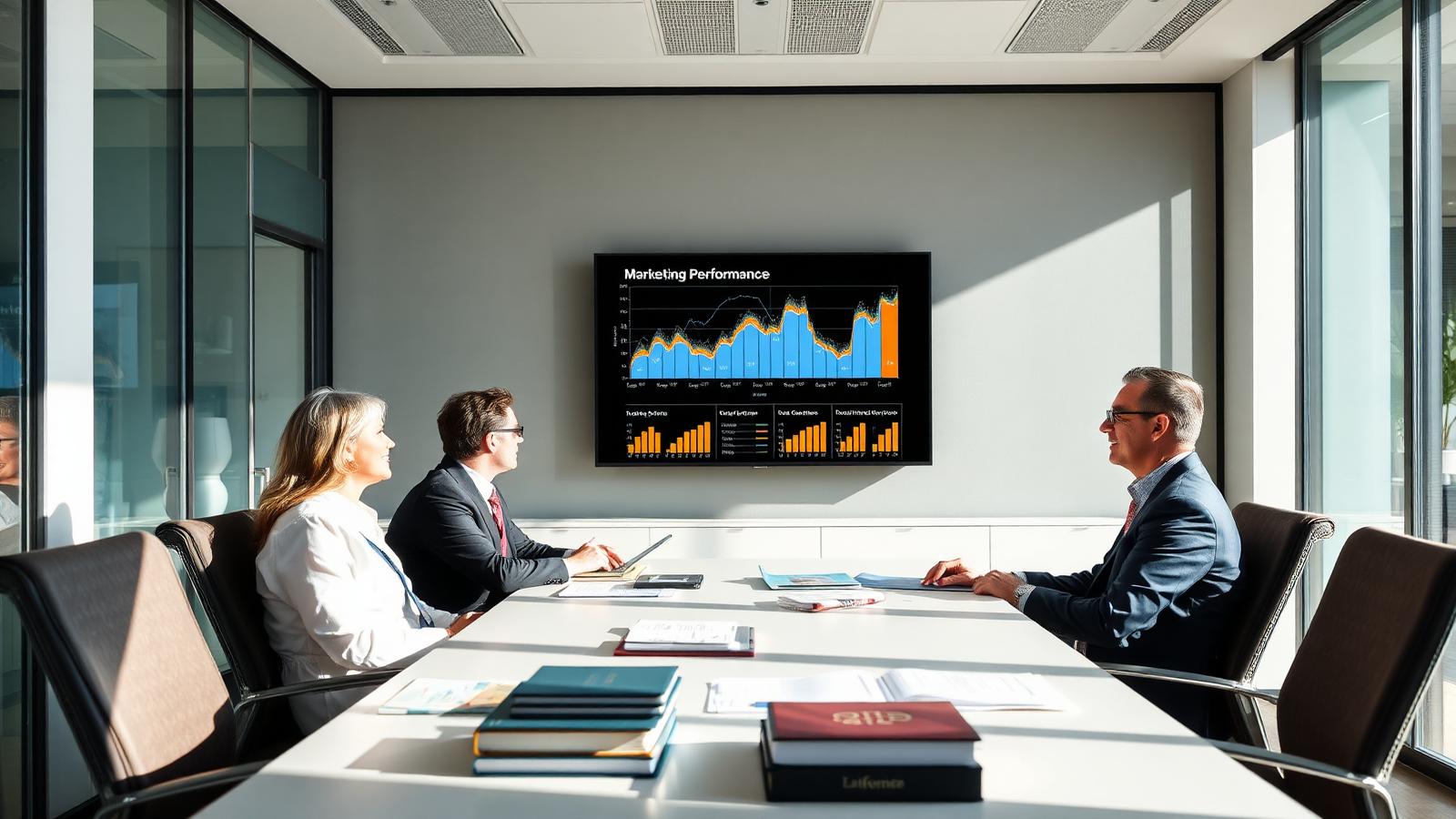 Attorneys reviewing marketing performance charts on a wall display in a bright law firm conference room