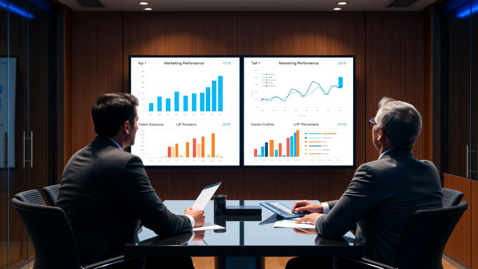 Attorneys reviewing a case acquisition and marketing performance dashboard in a law firm conference room