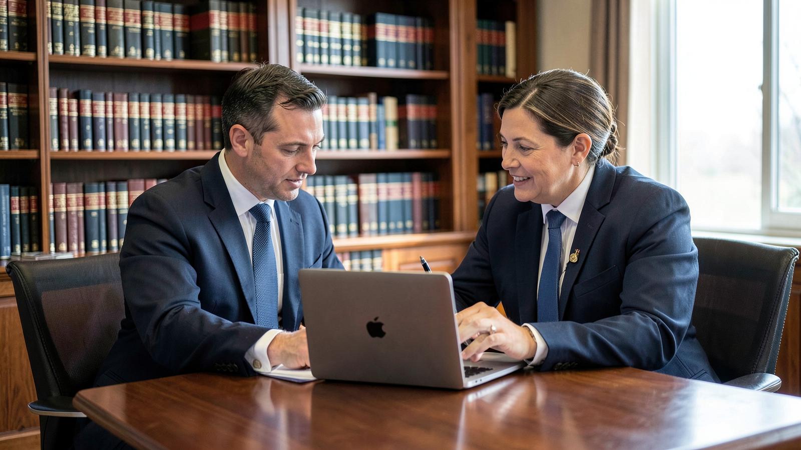 Two attorneys reviewing marketing performance on a laptop in a law office library