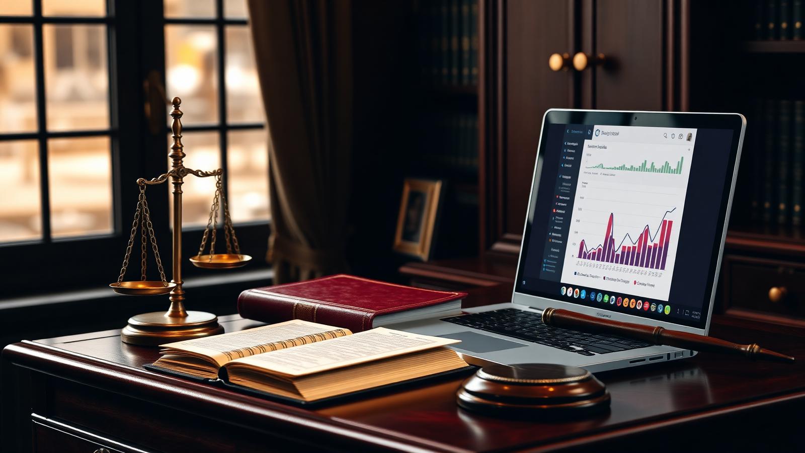 Modern law office with scales of justice and a digital marketing growth chart