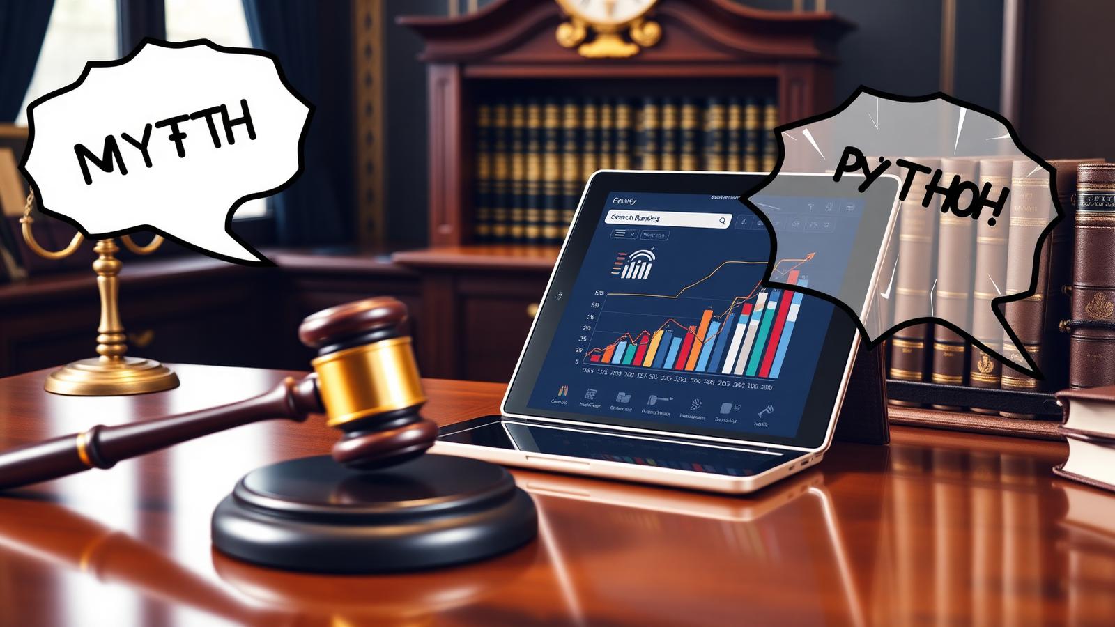 Law office desk with gavel, legal volumes and a tablet showing search ranking and case intake charts