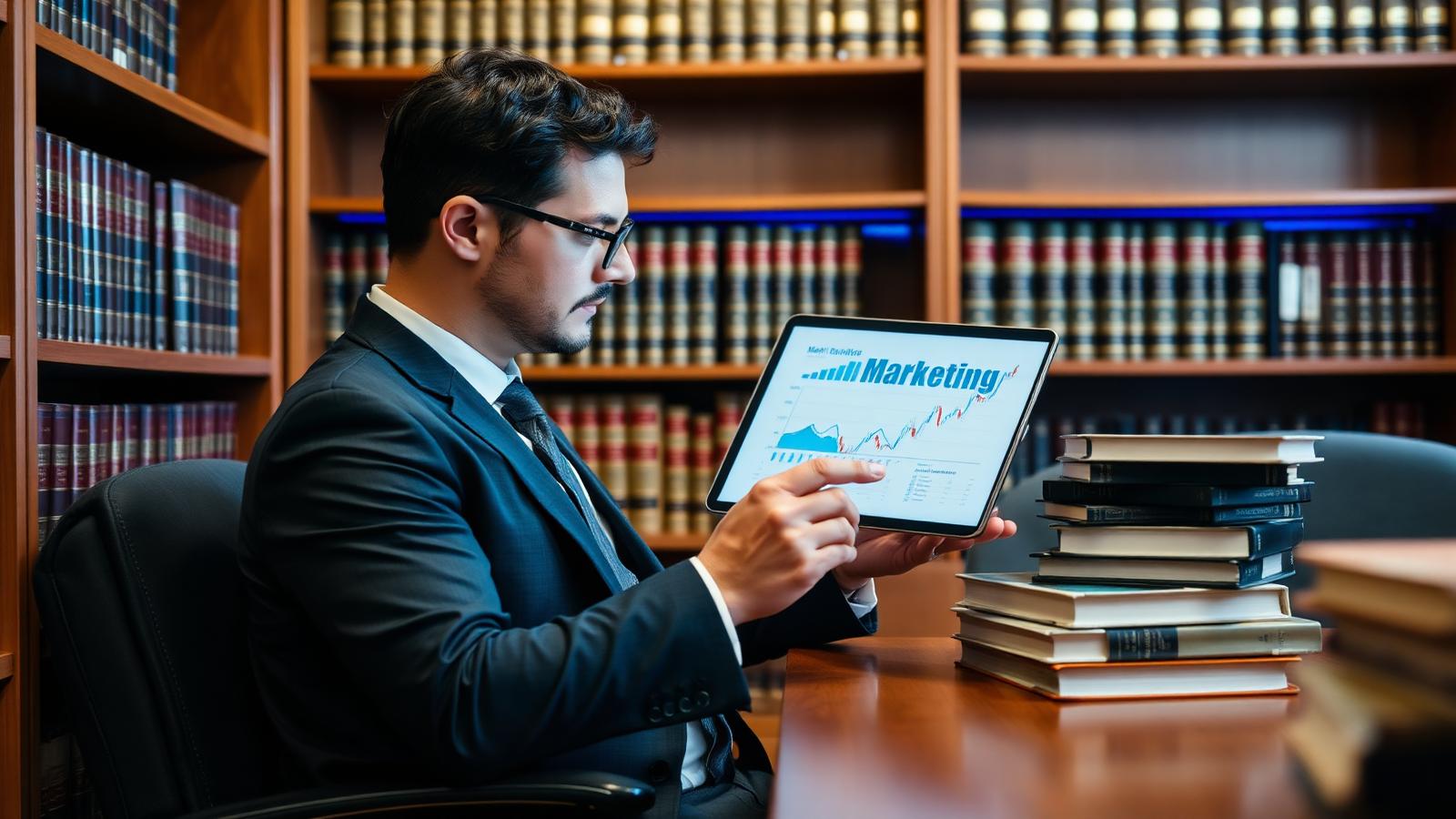 Attorney reviewing a marketing analytics report on a tablet in a law office library