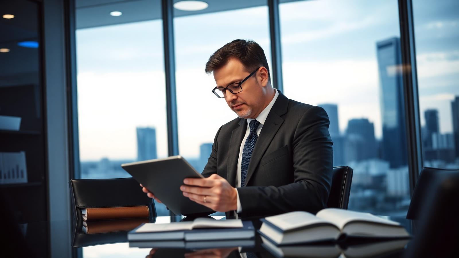 Law firm partner reviewing website performance data on a tablet in a modern glass conference room