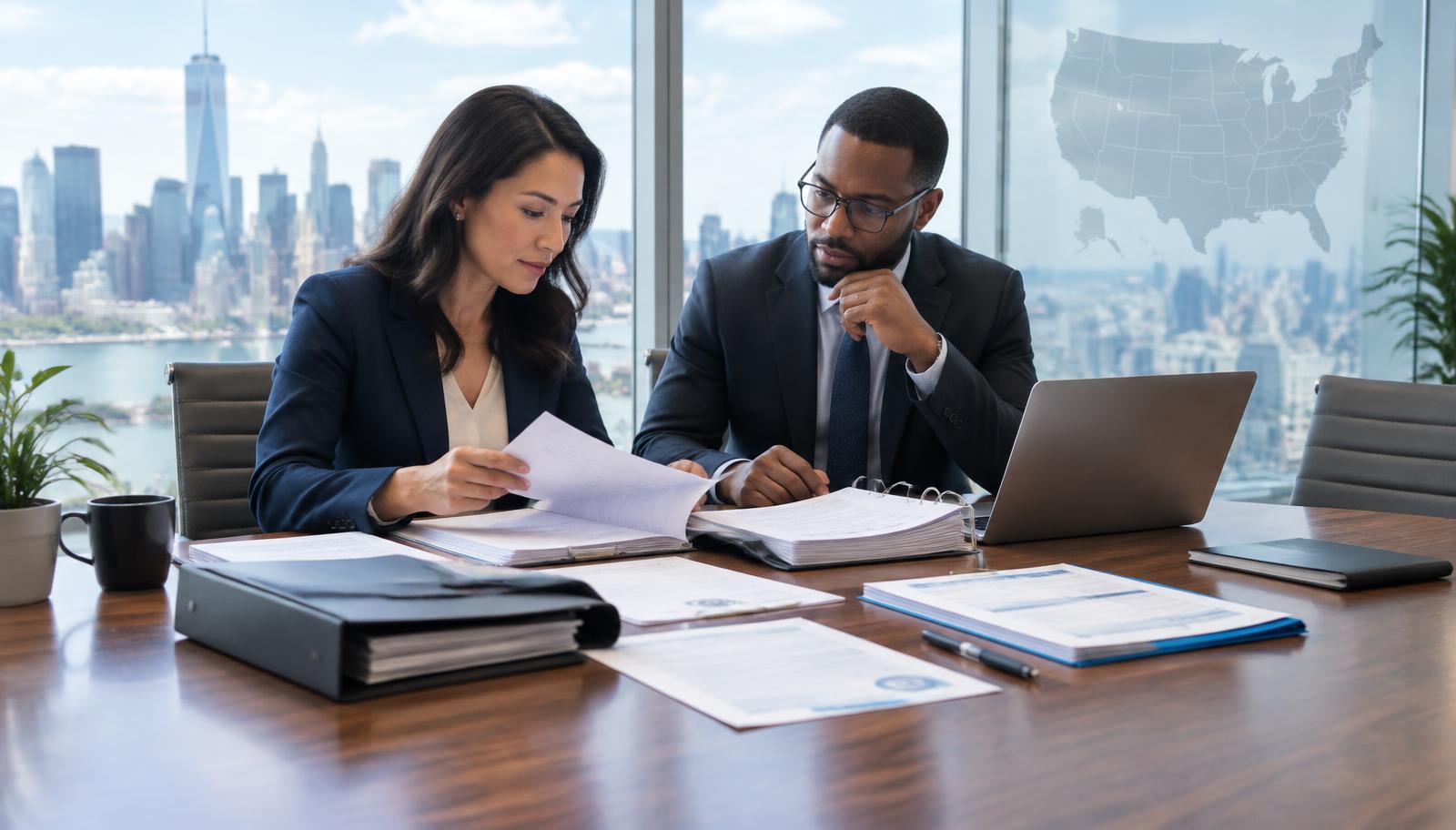 International executives reviewing US entity, tax, banking, and payroll compliance documents