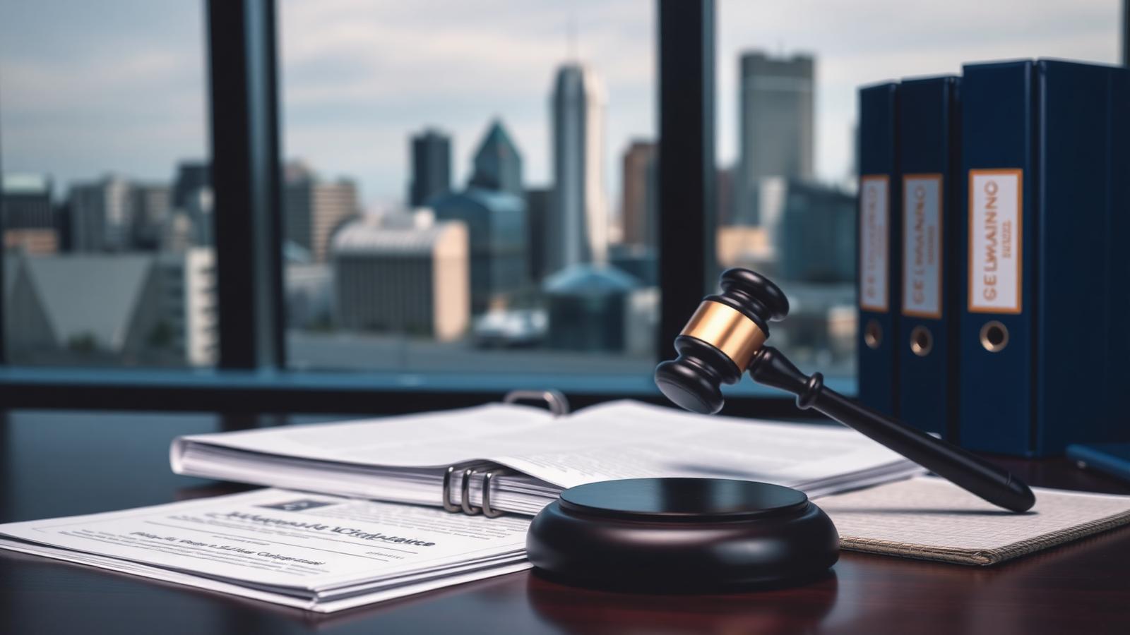 Corporate legal documents, compliance binders and a gavel on a desk with a US city skyline visible through the window