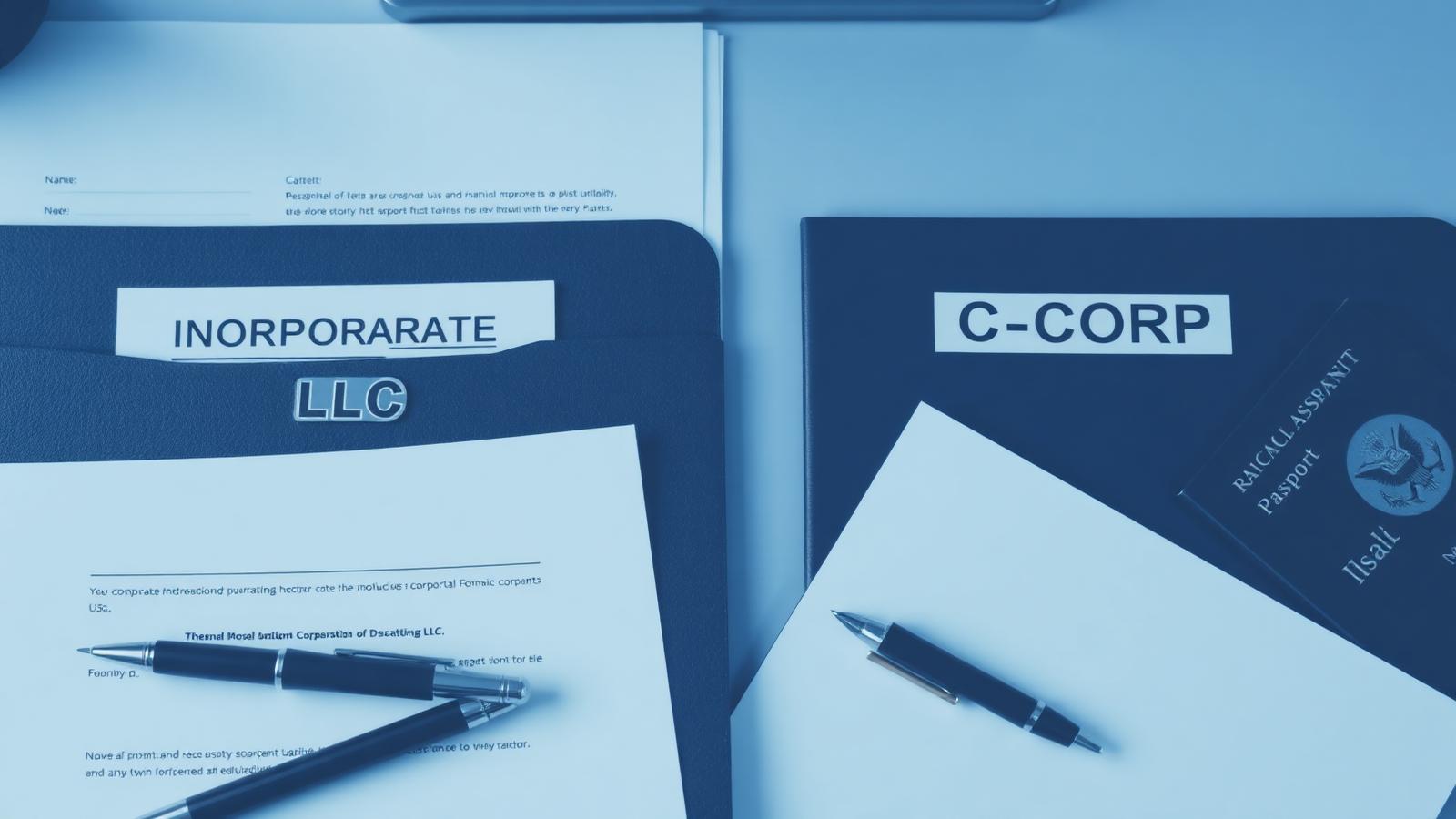 Two corporate formation document folders on a desk, one labelled LLC and one labelled C-Corp, with a passport and pen