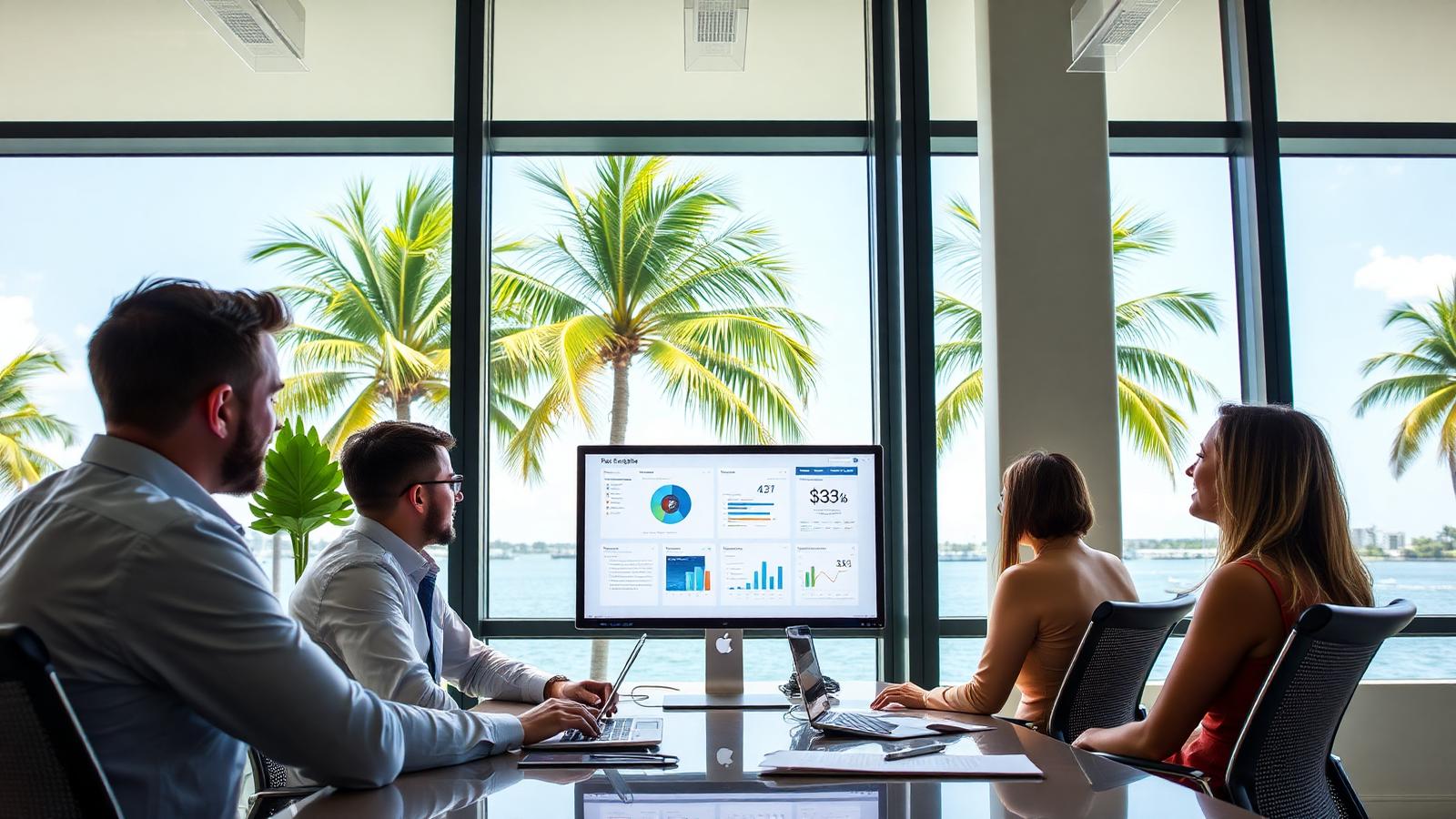 Marketing team reviewing AI search visibility dashboards in a bright Miami waterfront office
