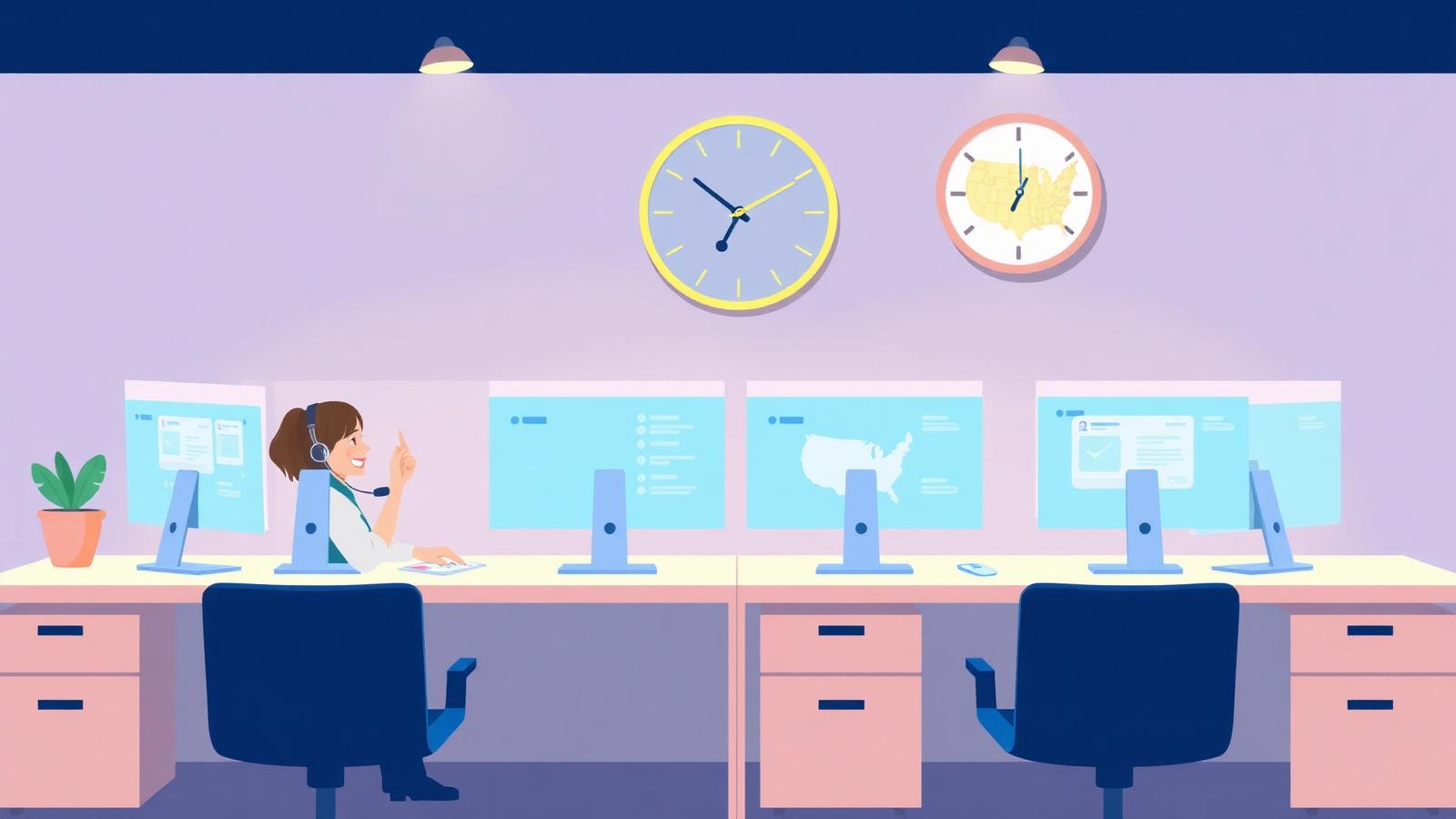 Customer support specialist with a headset at a modern desk, wall clocks showing local and US Eastern time, and a US map on a monitor