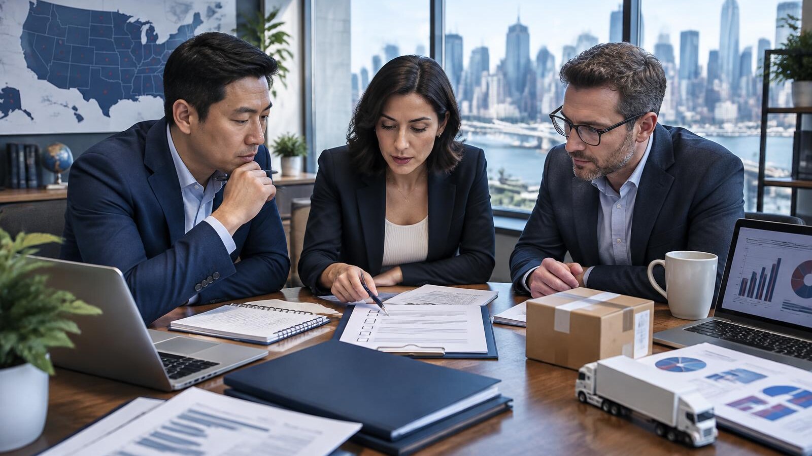 Foreign founders and advisers reviewing a US operations readiness checklist with banking, compliance, payroll, and logistics materials