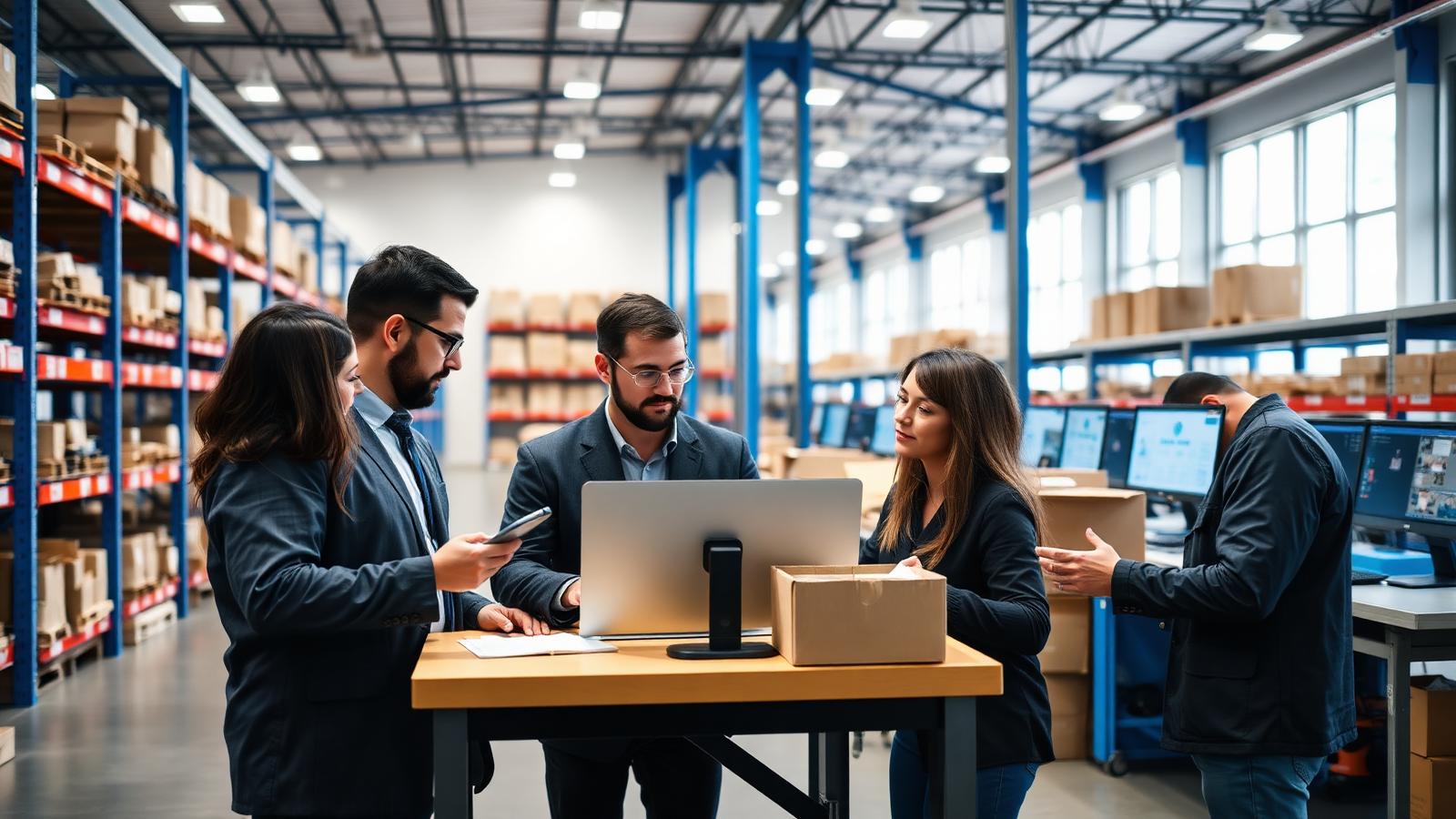 Ecommerce operations team reviewing order dashboards in a modern warehouse office