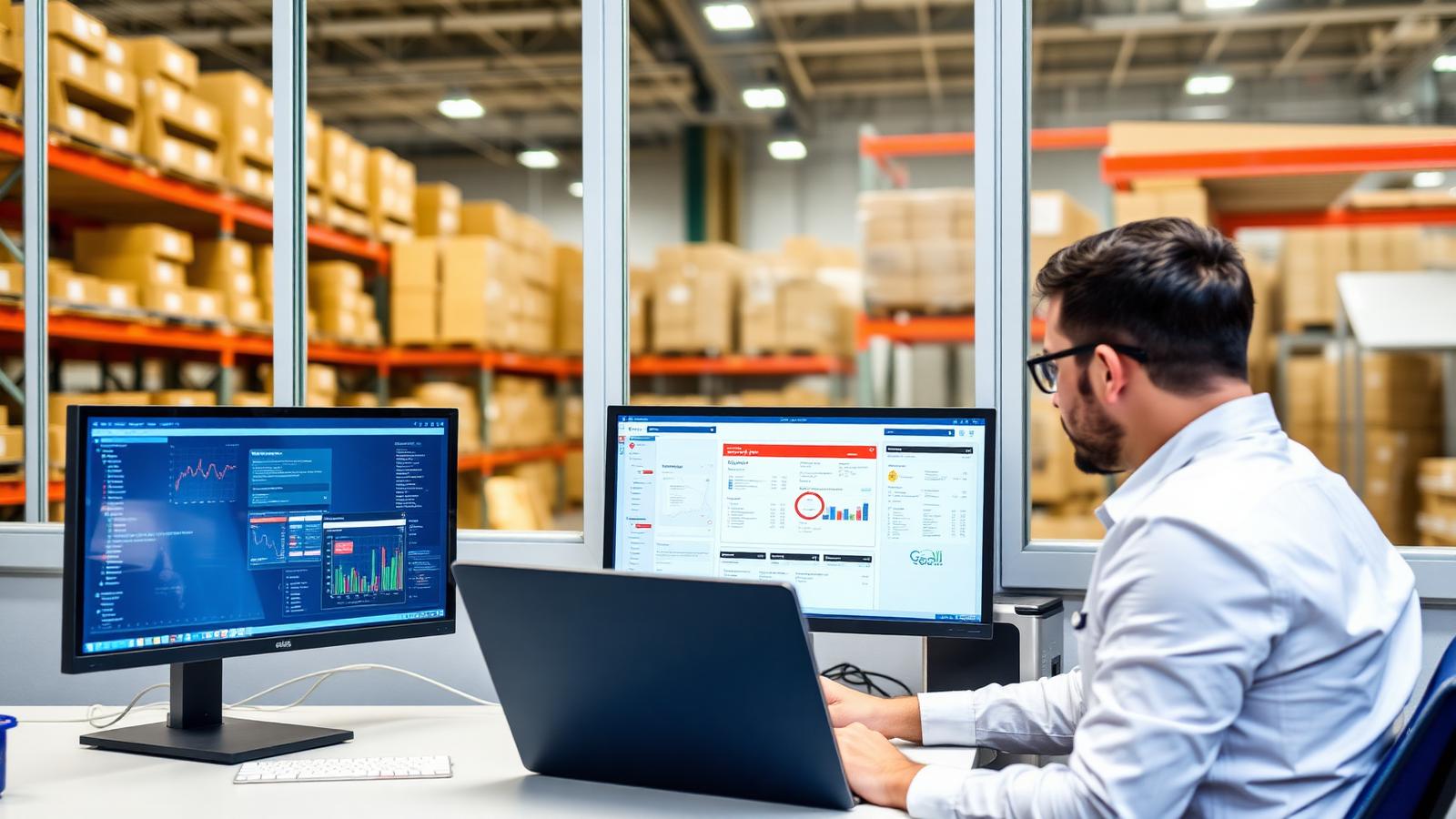 Ecommerce operations specialist reviewing order dashboards beside a fulfillment warehouse
