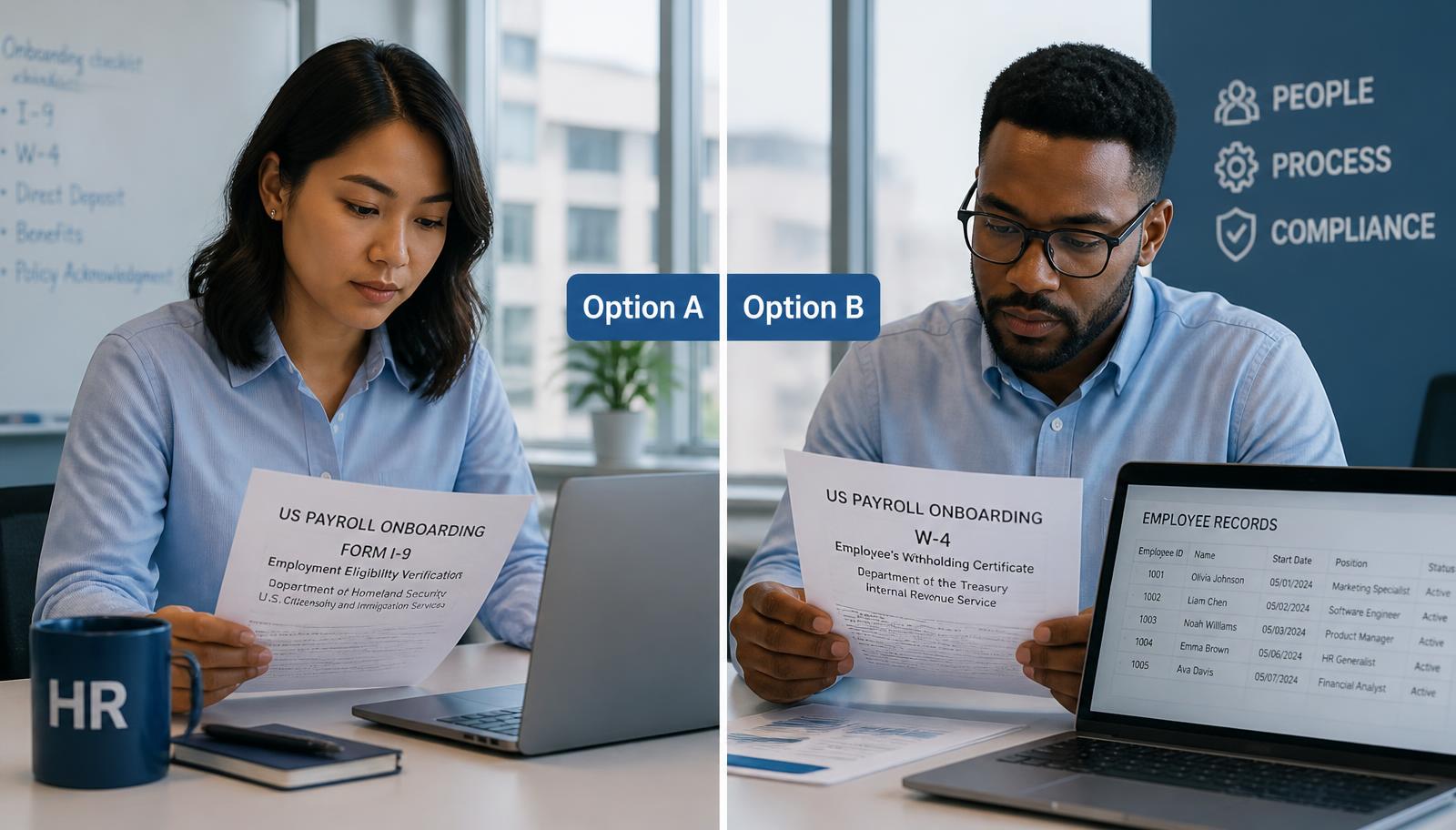 Two HR professionals reviewing US payroll onboarding paperwork side by side in a modern office