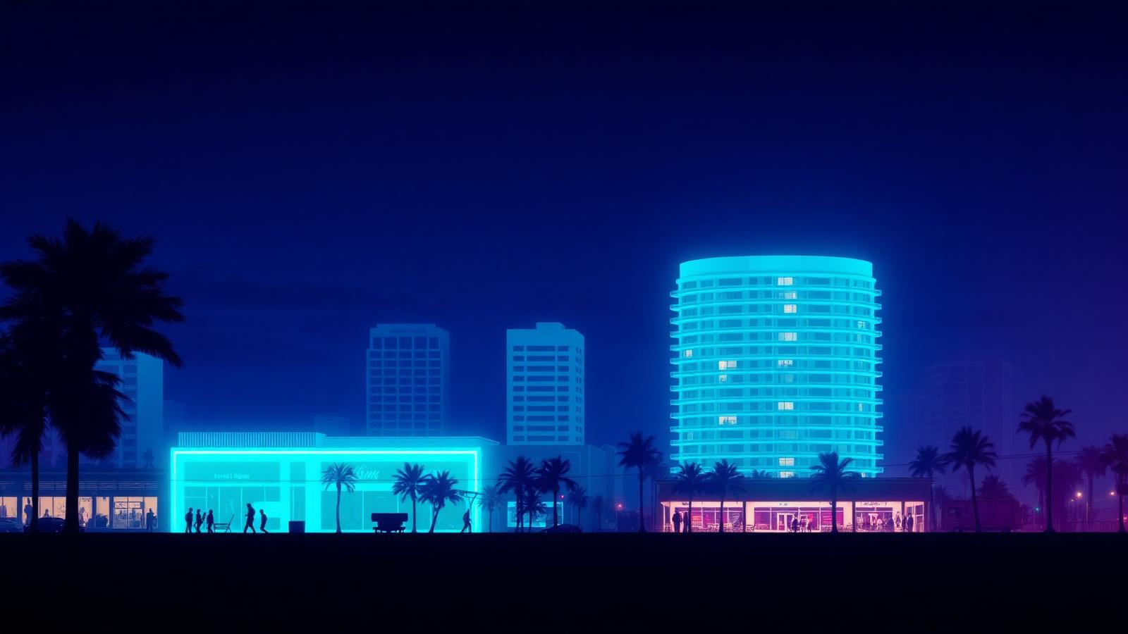 Miami skyline at dusk with glowing storefronts and dimmed transparent buildings symbolizing AI search invisibility