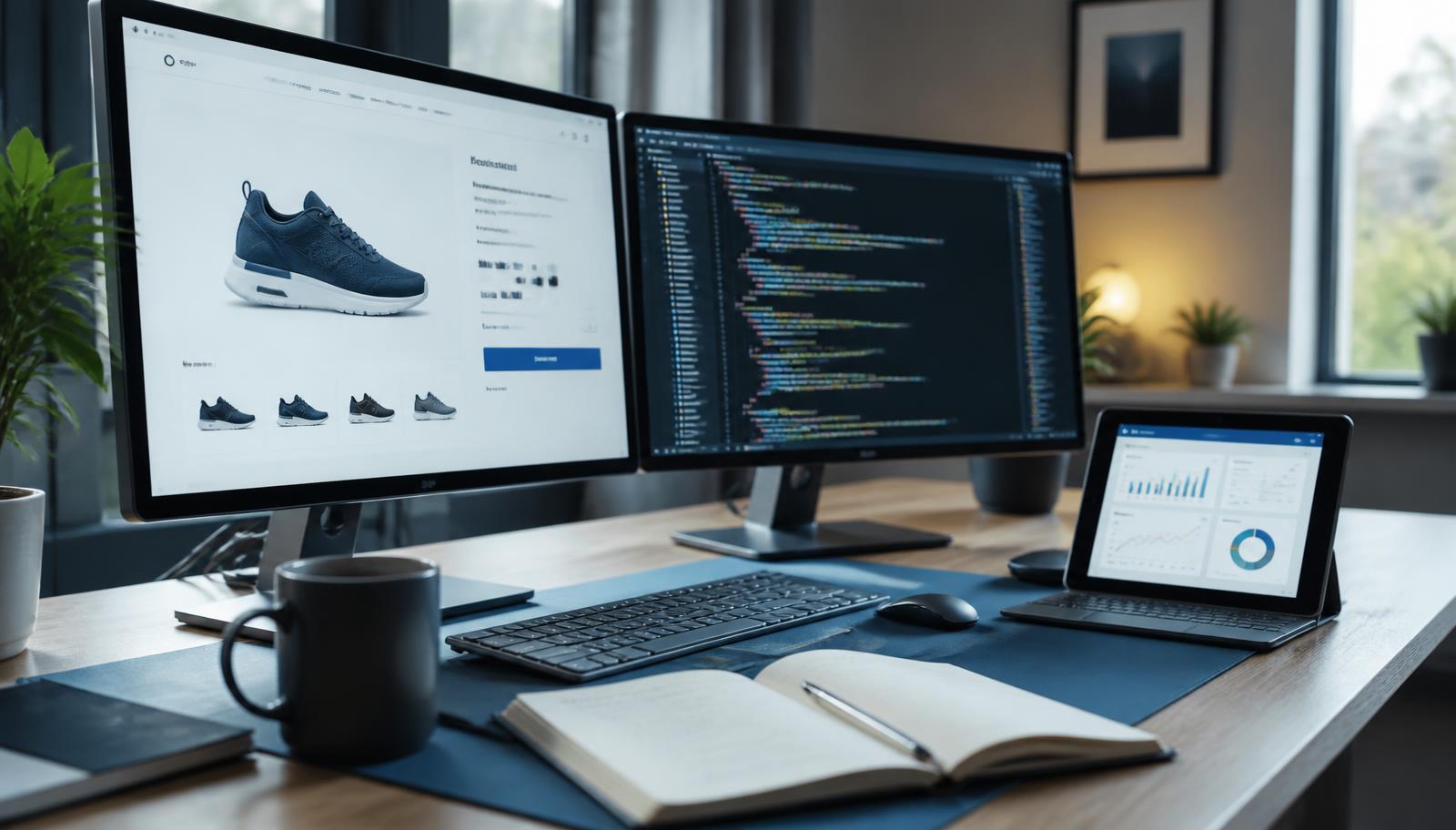 Ecommerce developer workspace with a Shopify storefront, a code editor, and order dashboards on screen