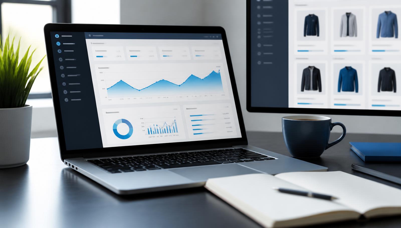 Ecommerce workspace with a laptop showing an online store admin dashboard and product analytics