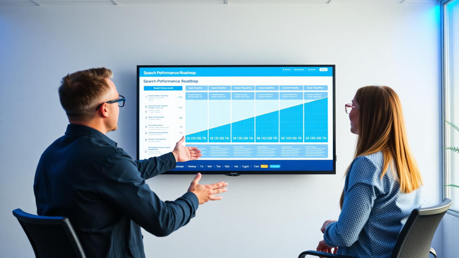 Senior search strategist presenting a search performance roadmap to colleagues in a bright office