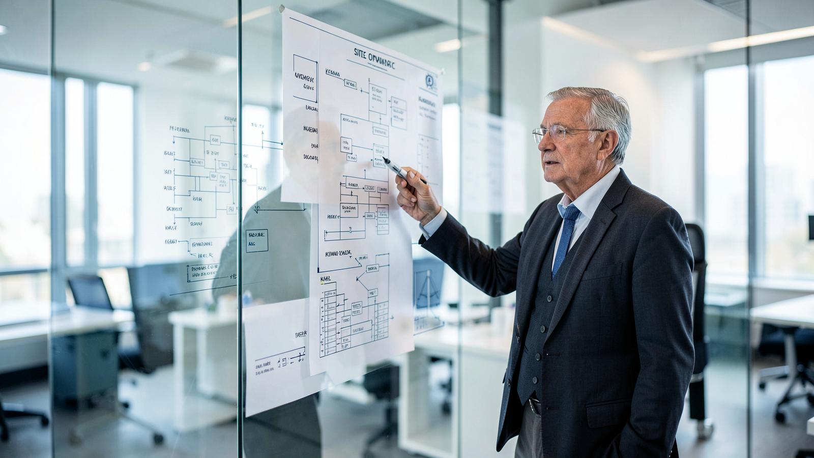 Search optimization consultant annotating site architecture and keyword maps on a glass wall