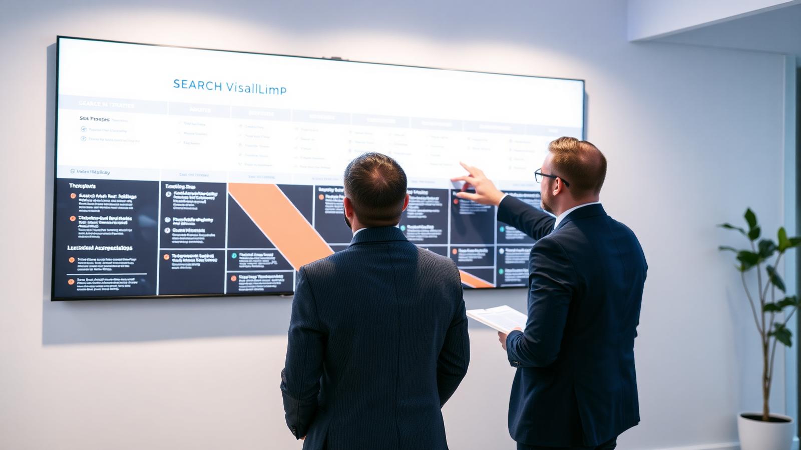Senior search optimization consultant and client reviewing a search visibility roadmap on a wall display