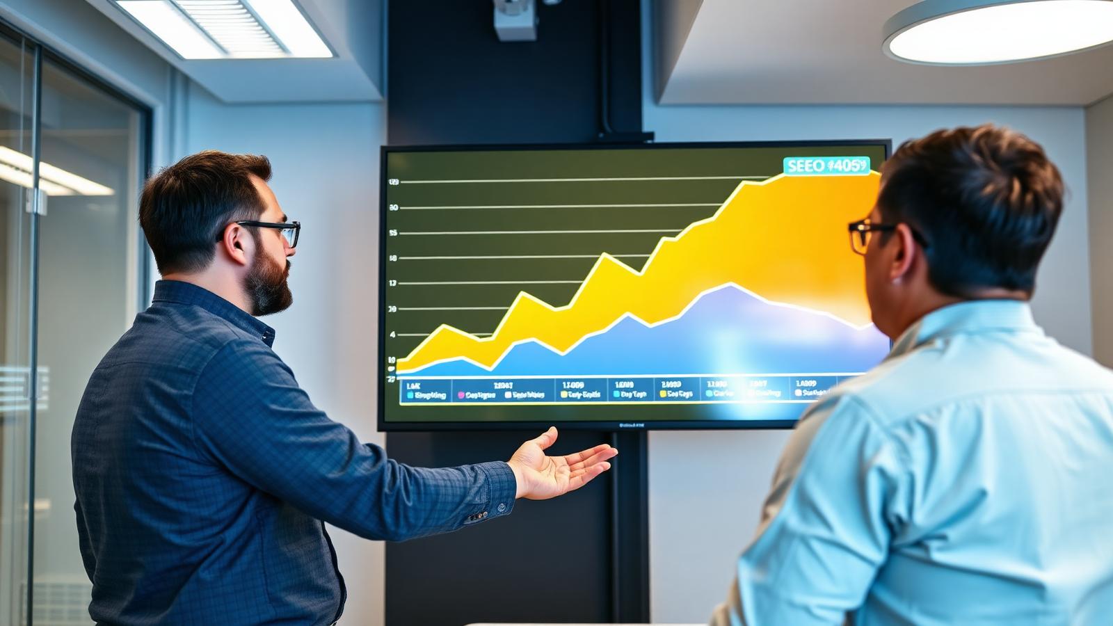 Consultant and client reviewing a search visibility dashboard together in a bright office