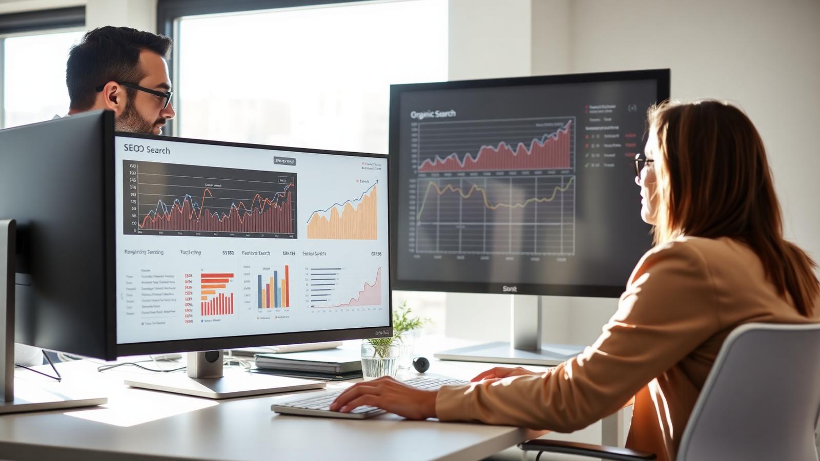 A search optimization consultant reviewing organic growth charts with a business owner in a sunlit office