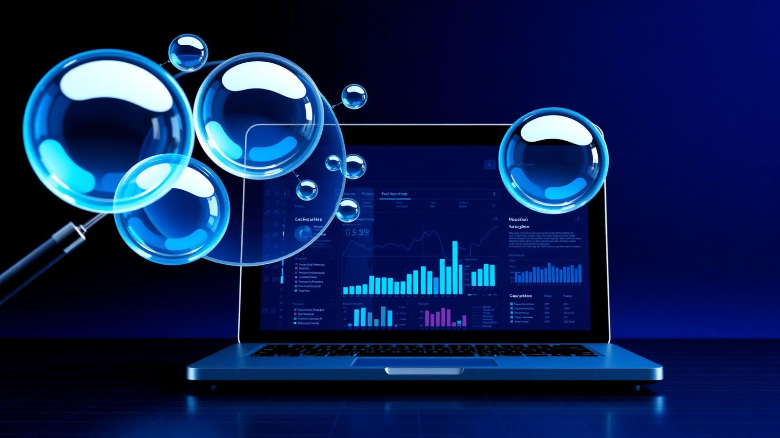 Magnifying glass examining floating myth bubbles over a laptop showing search analytics dashboards