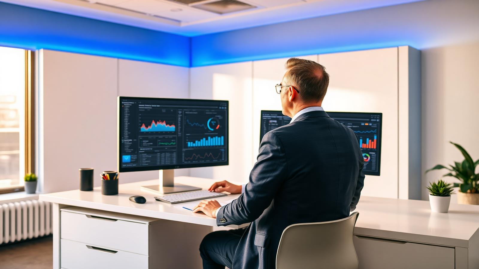 Senior search optimization consultant reviewing analytics dashboards on two monitors in a modern office