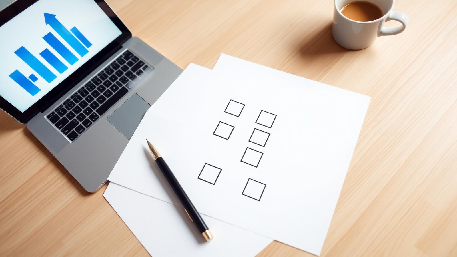 Checklist sheet with eight empty checkboxes beside a laptop showing rising search analytics bars