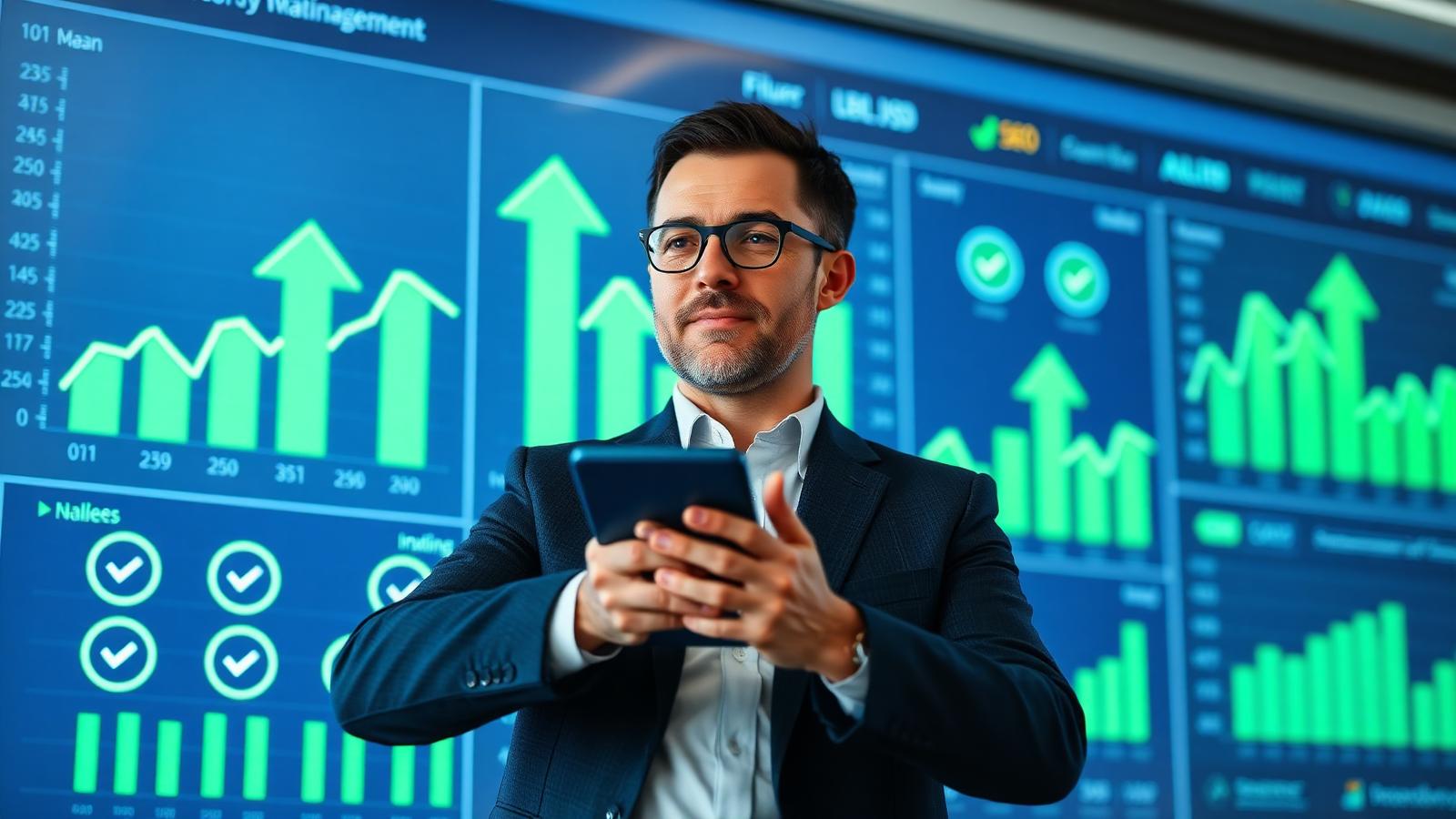 Senior search consultant reviewing a ranking dashboard with upward trend arrows and verification checkmarks