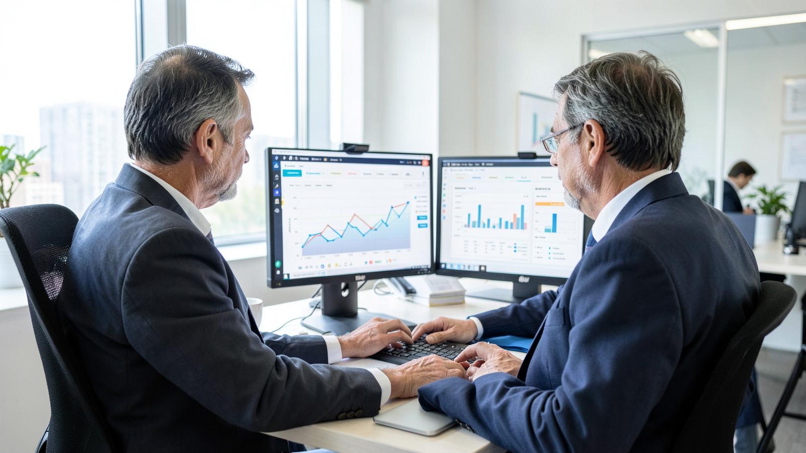 Senior search consultants reviewing organic performance dashboards in a bright office