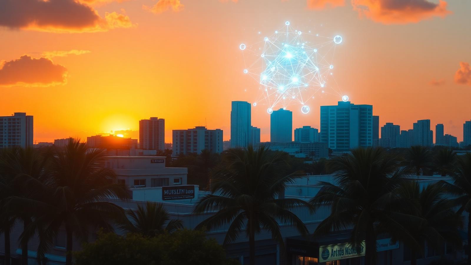 South Florida skyline at golden hour with a glowing AI network constellation rising above the buildings