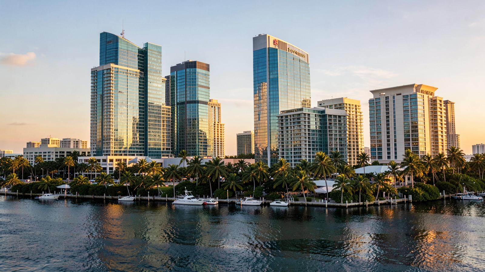 South Florida waterfront business district at golden hour with palm trees and glass office towers