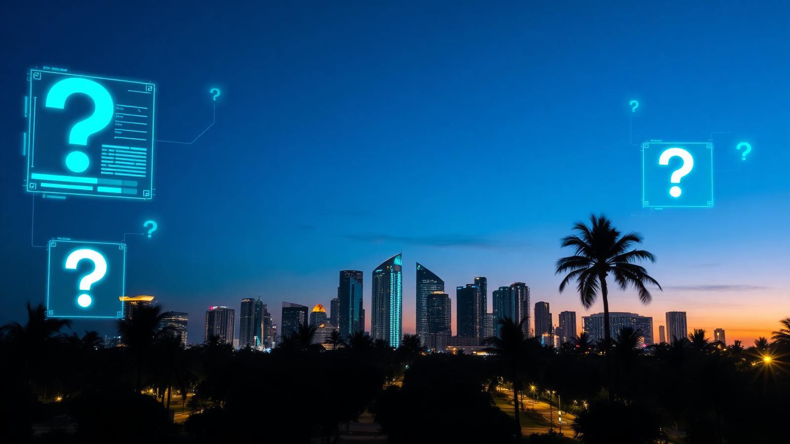 Miami skyline at dusk overlaid with an AI assistant answer panel naming local businesses