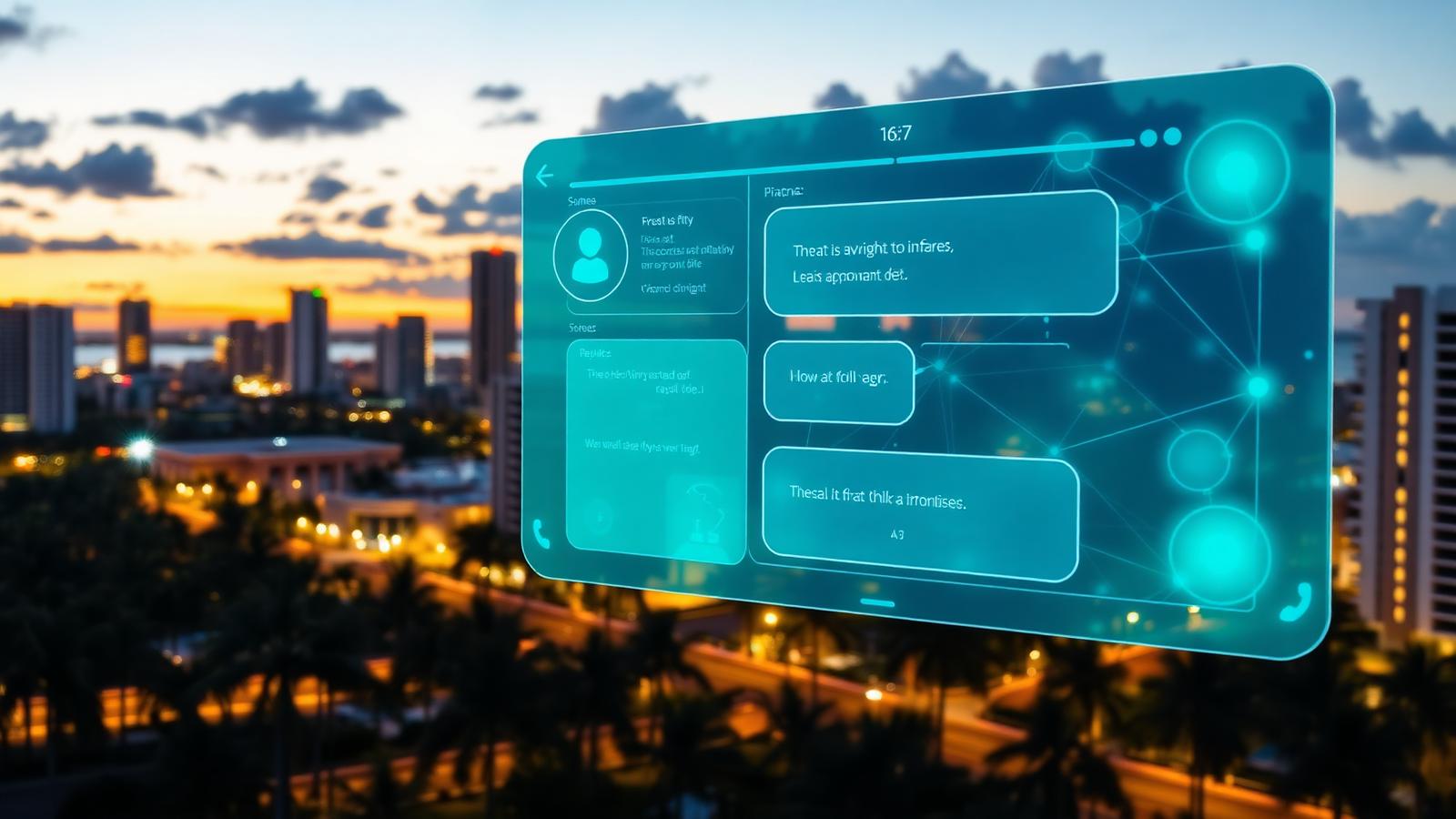 South Florida skyline at dusk with a translucent AI answer interface and connected data nodes overlaid