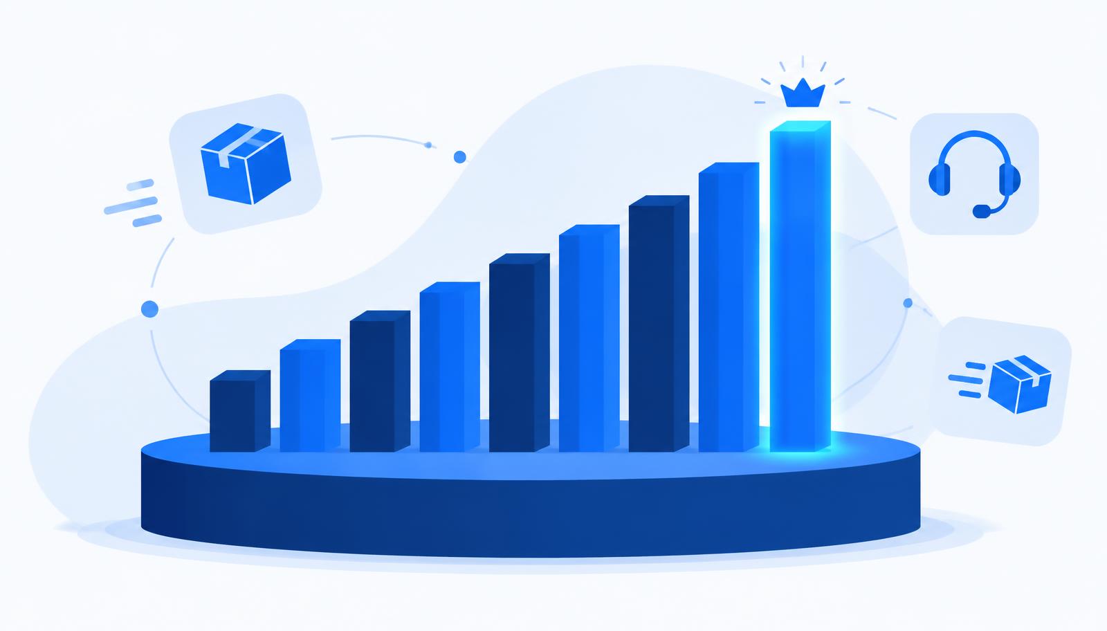Ascending bar chart of ten columns on a podium with the tallest column crowned, surrounded by ecommerce parcel and support headset icons