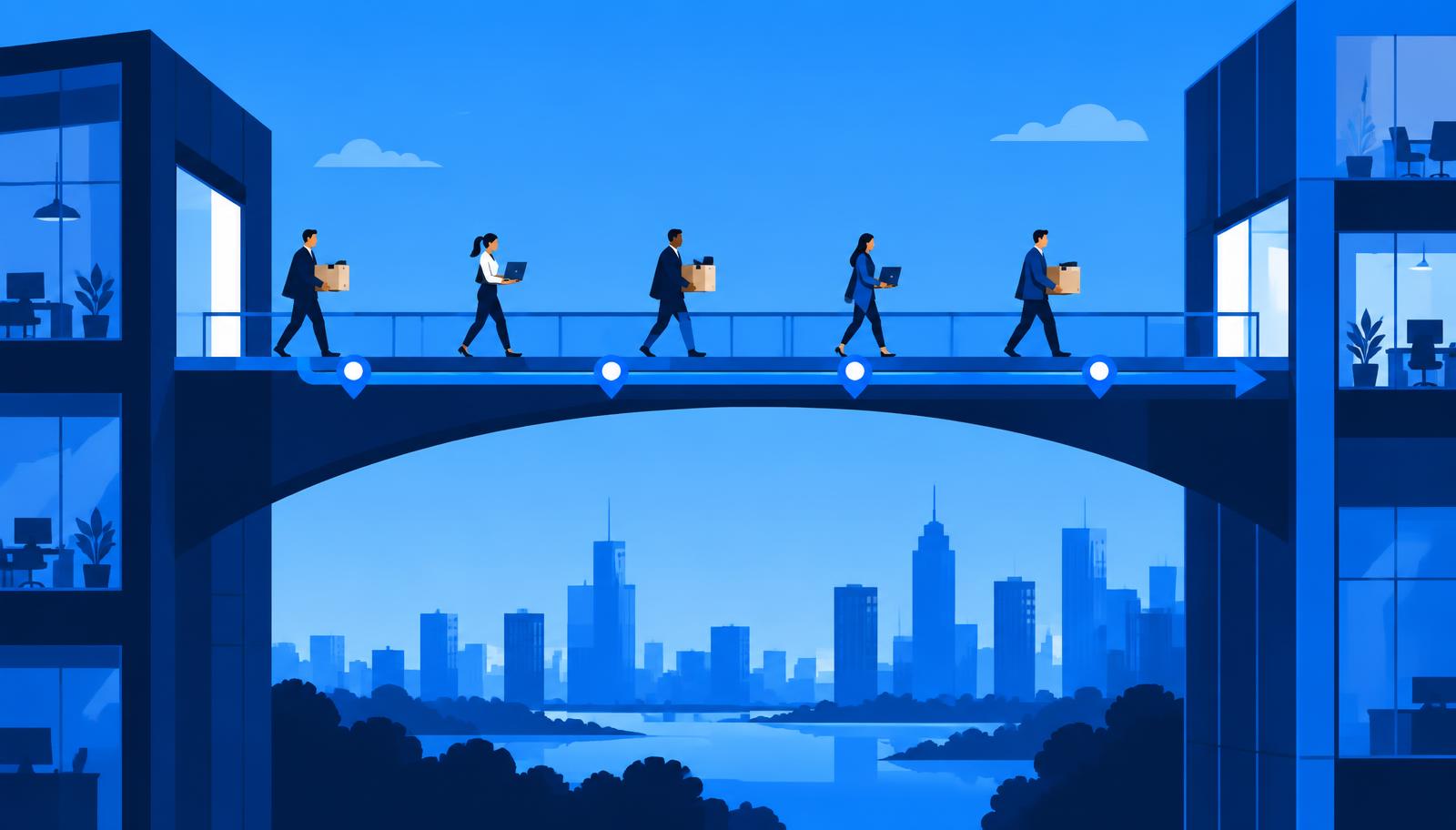 A bridge connecting two office buildings with people carrying boxes and laptops across it along a marked path