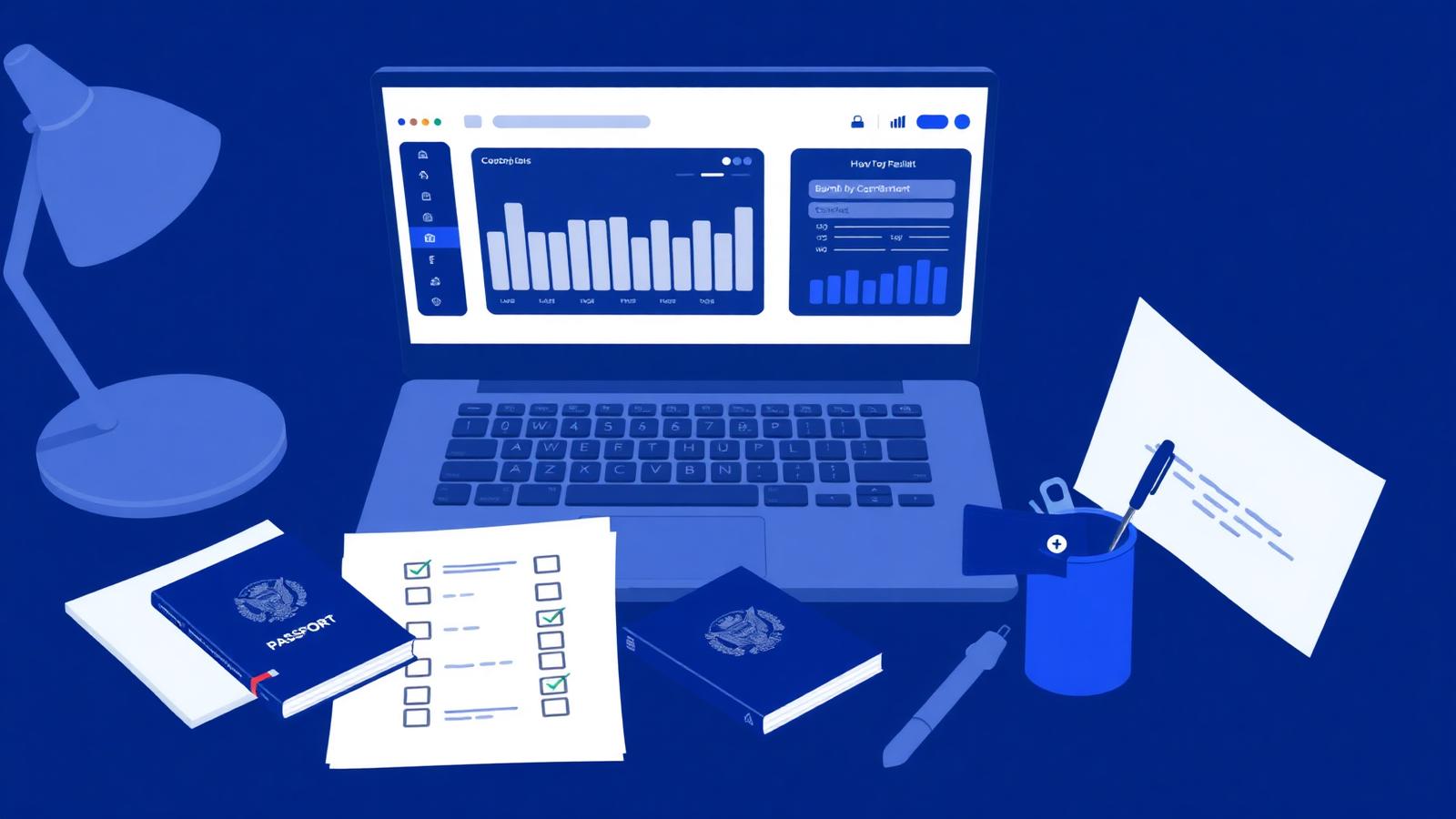 Laptop showing a banking dashboard beside a paper checklist, passports and a company formation document on a desk