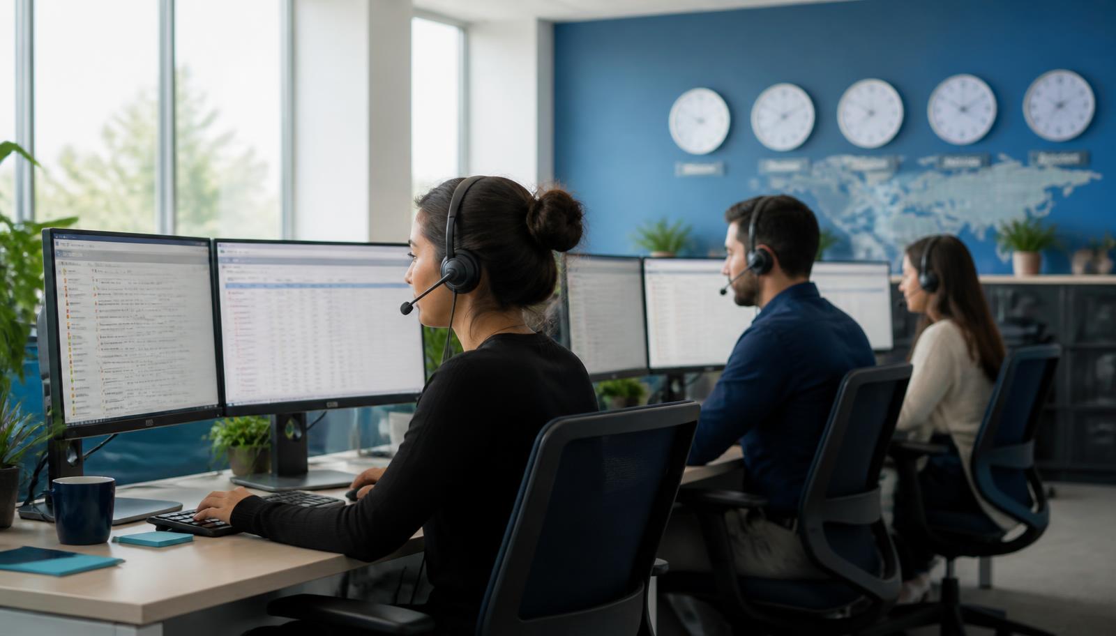 US-based customer support and back-office team working at monitors under a wall of multi-time-zone clocks