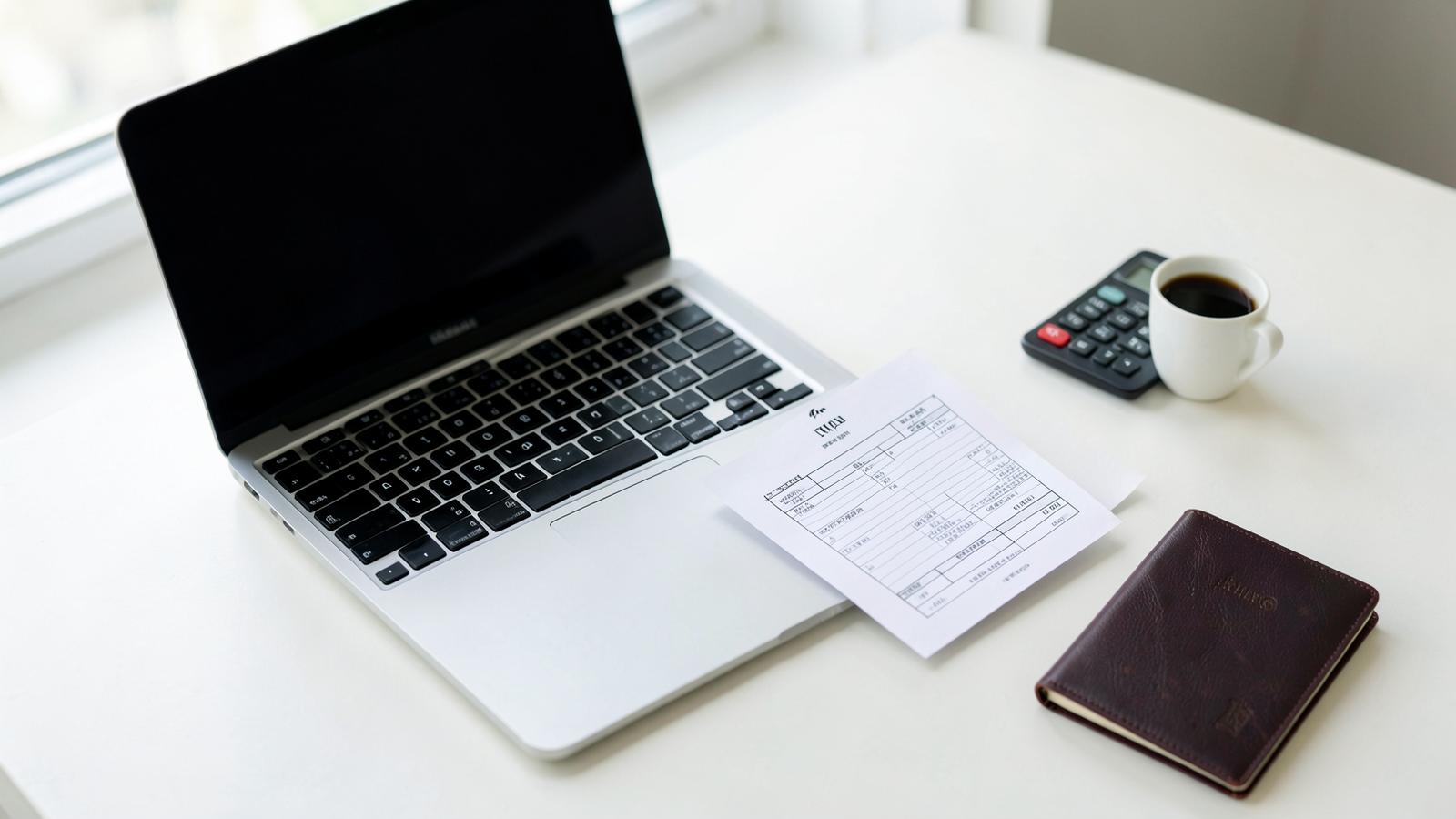 A laptop, blank tax form, calculator and passport on a bright white desk beside a coffee cup