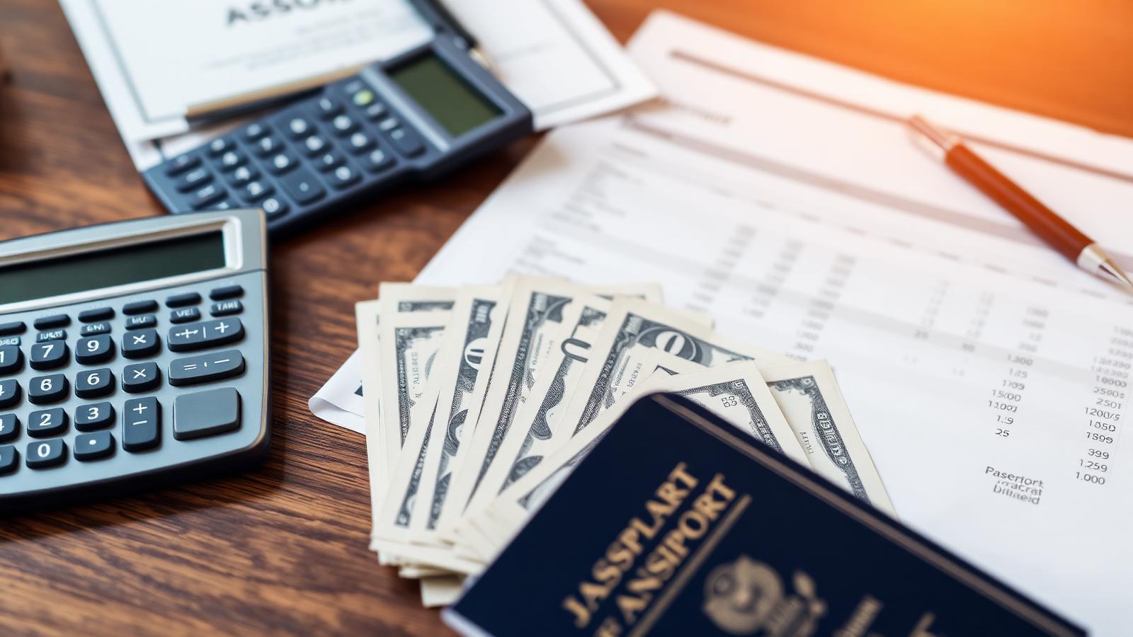 Desk with a US incorporation certificate, an itemized cost breakdown, a calculator, US dollars and a foreign passport