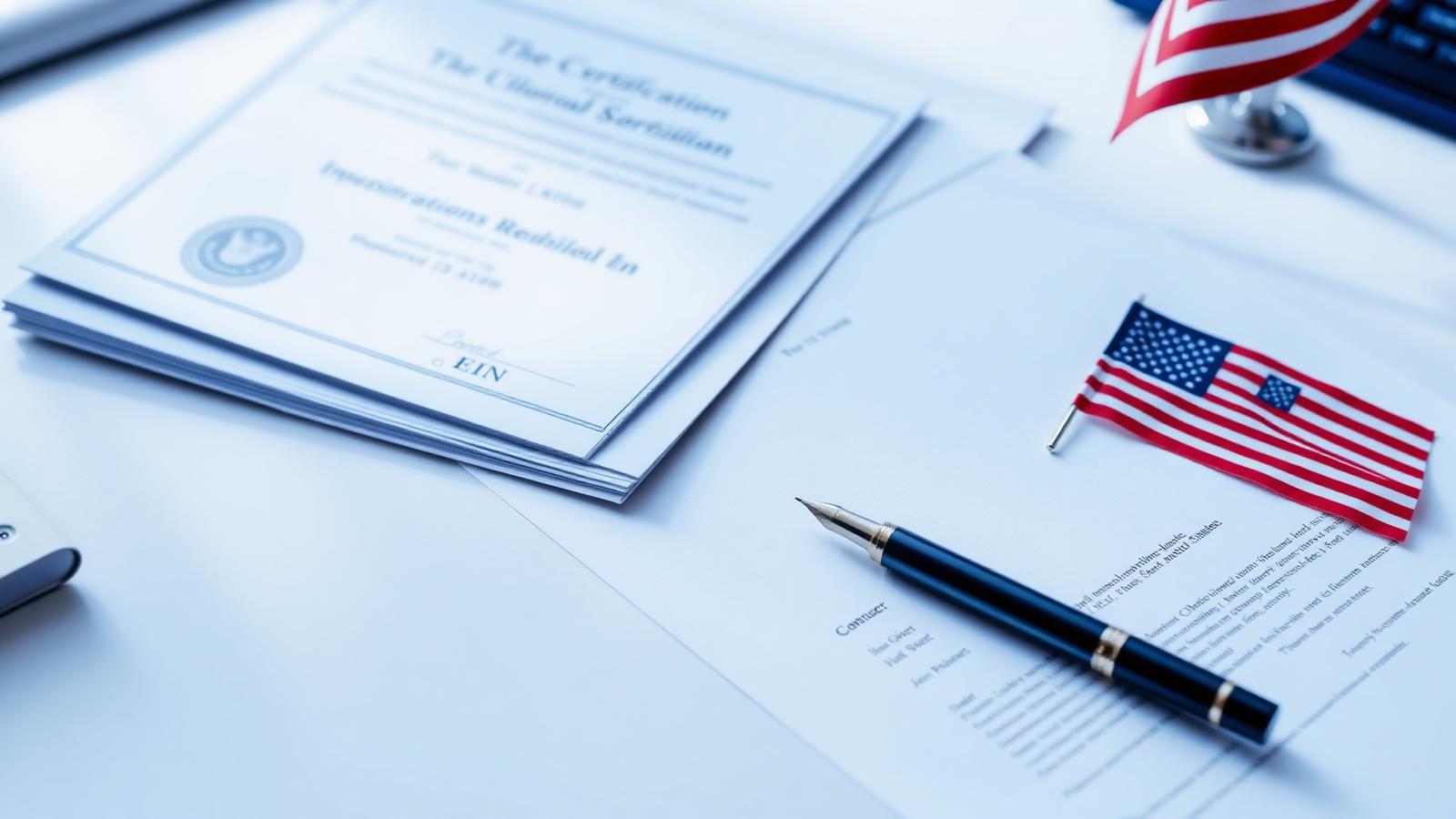 US incorporation certificate, EIN letter and state registration filing packet laid out on a desk with a pen and small US flag