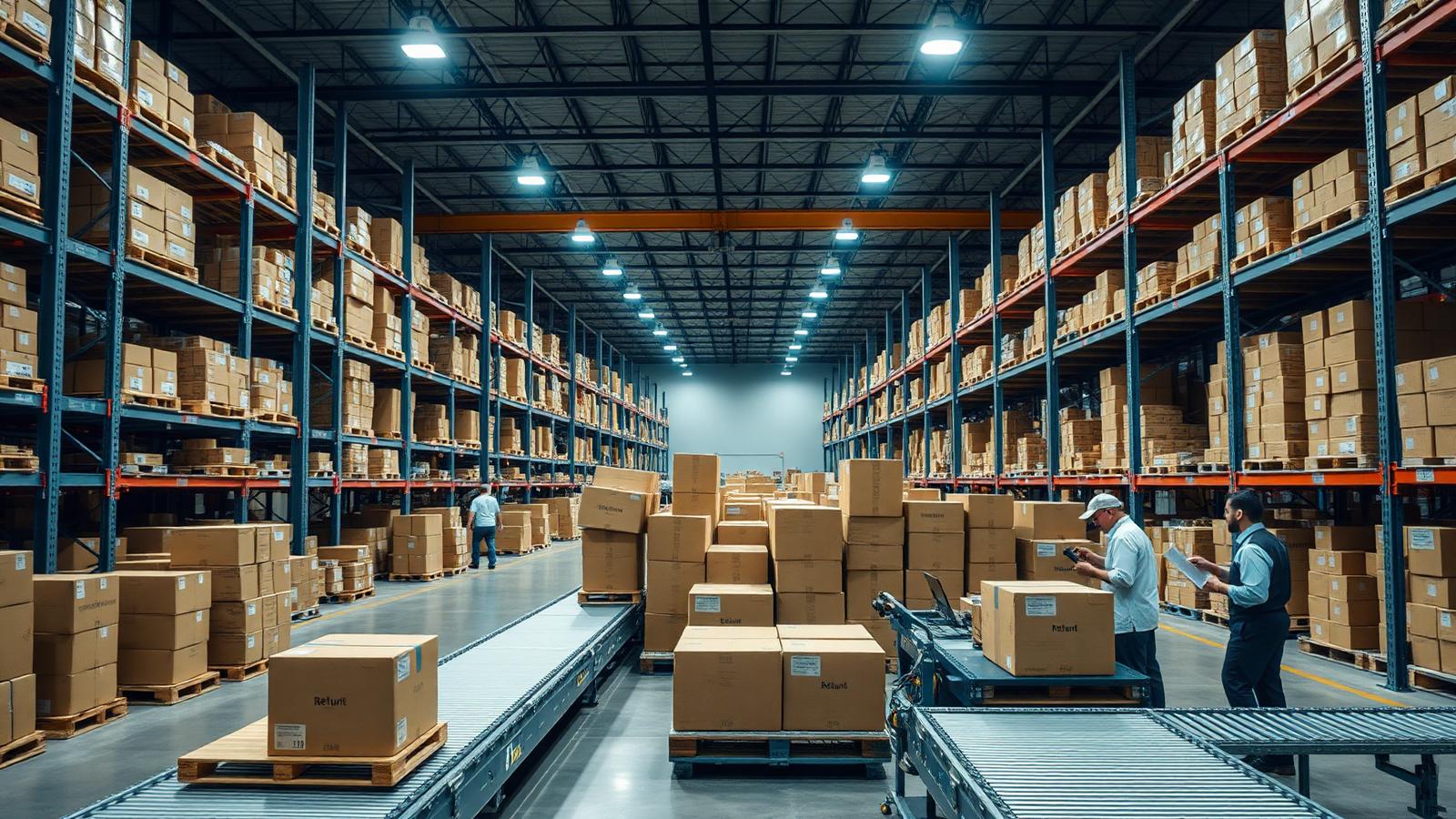 US fulfillment warehouse with pallet racking, conveyors and a returns processing station