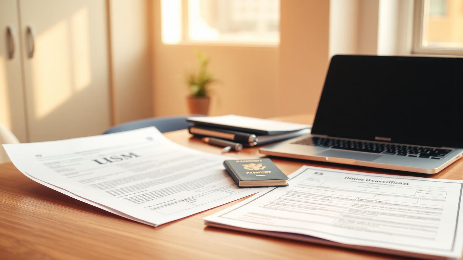 Desk with US incorporation paperwork, an IRS EIN application form, a state filing certificate, passport and laptop
