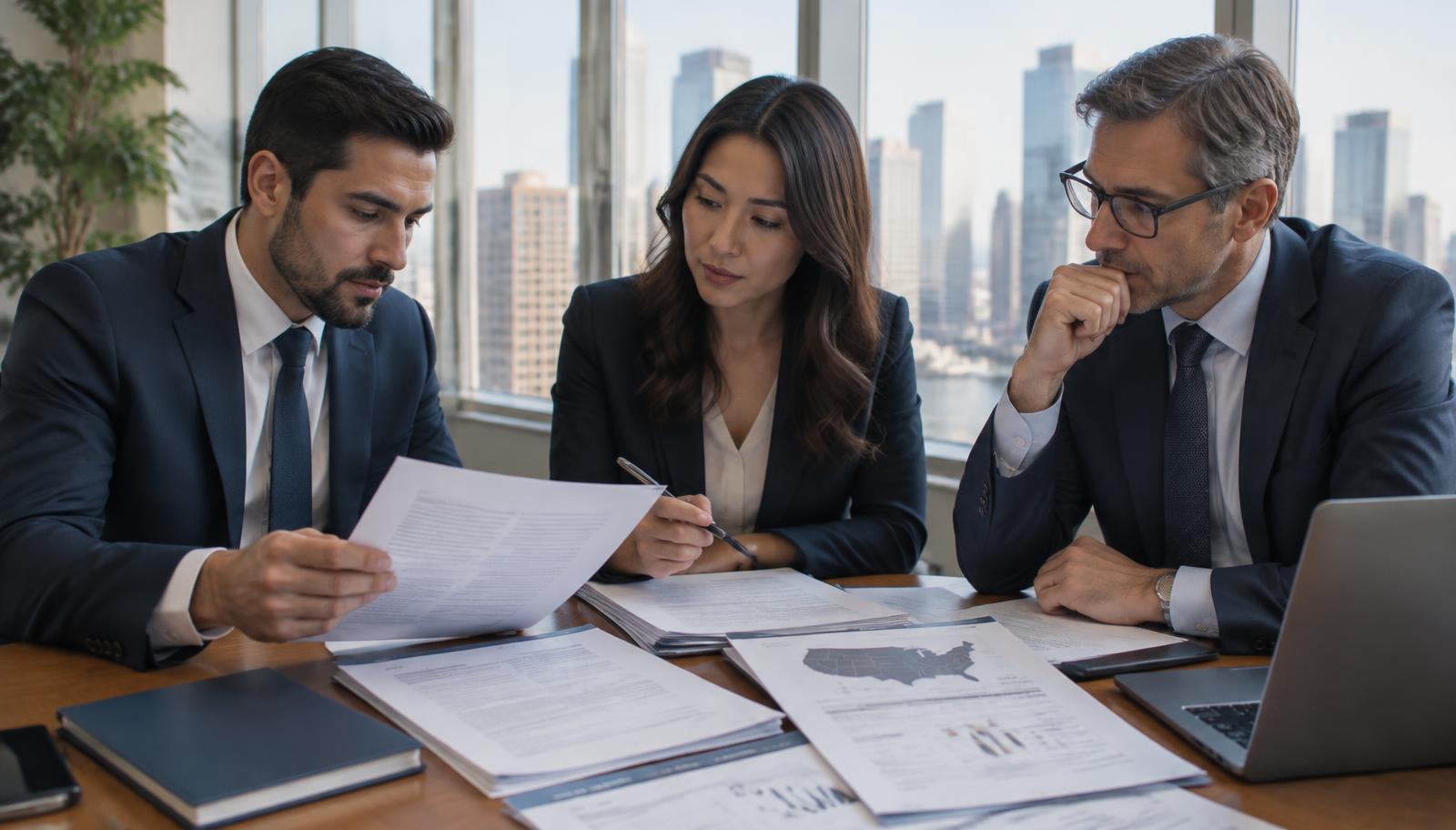 International leadership team reviewing US entity, banking and compliance documents before a market launch
