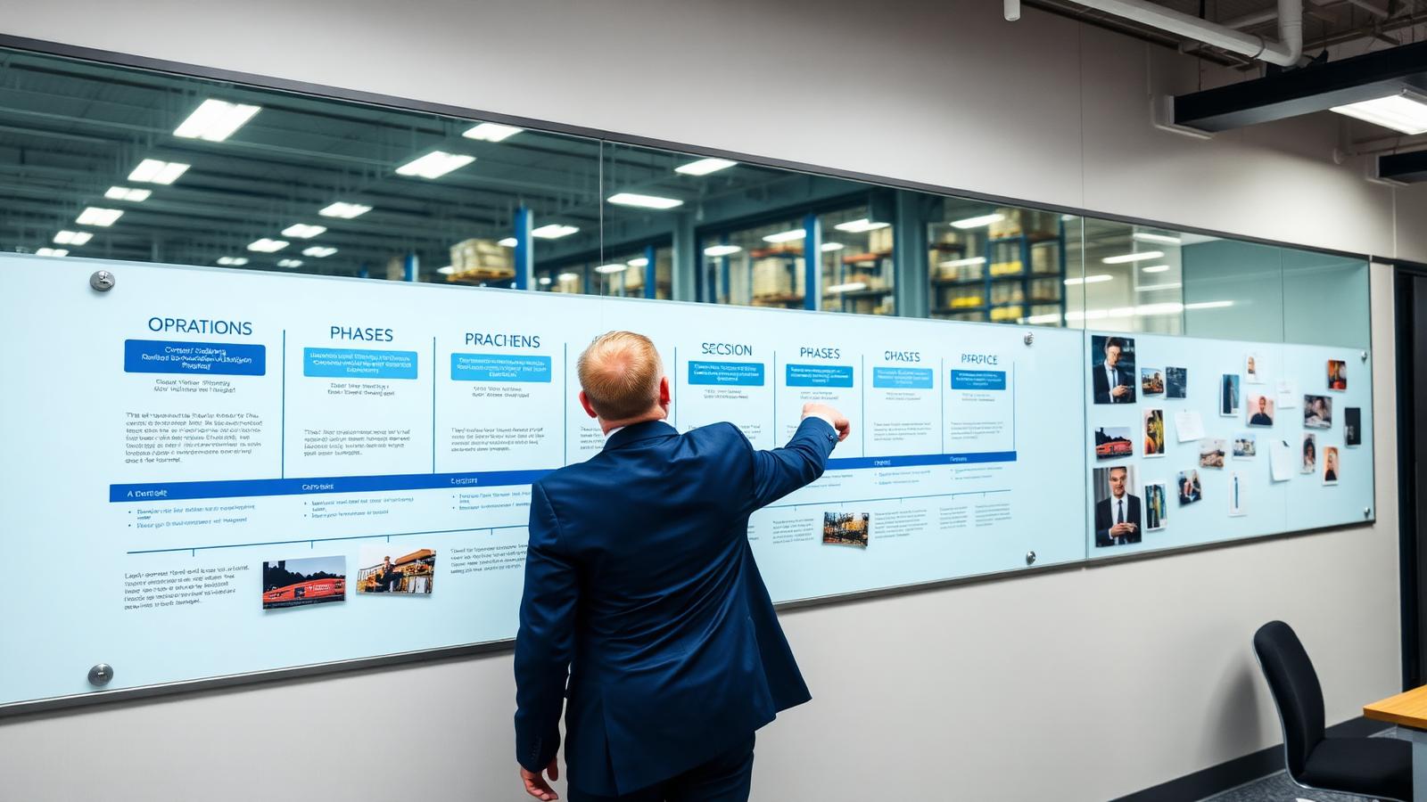 Operations team reviewing a seven-phase US market entry timeline on a glass planning board