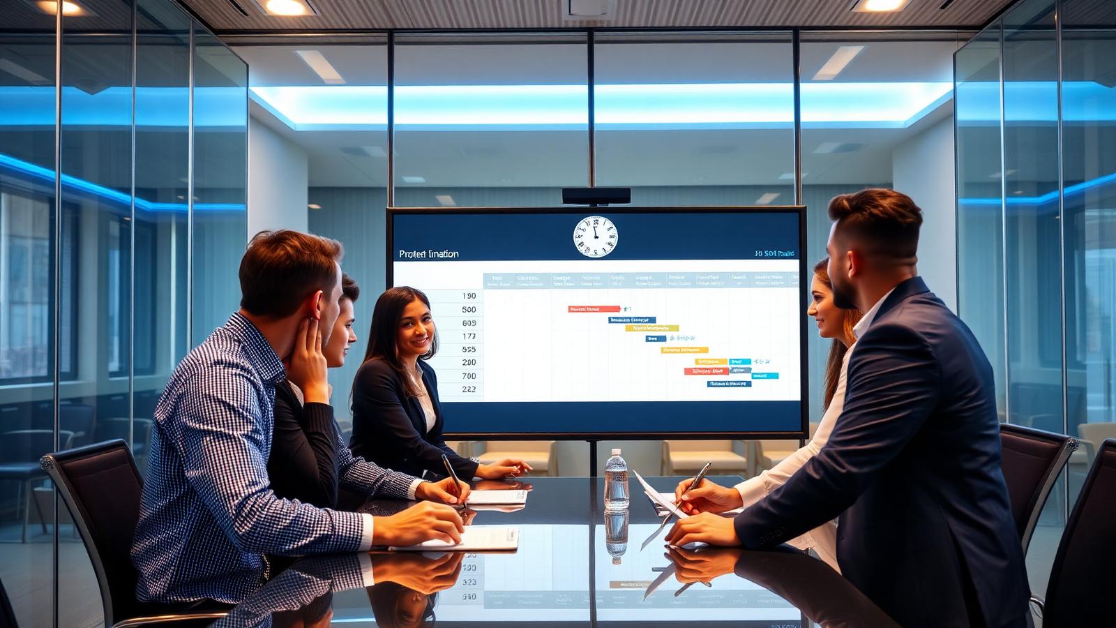 International leadership team reviewing a US market entry timeline on a meeting room screen