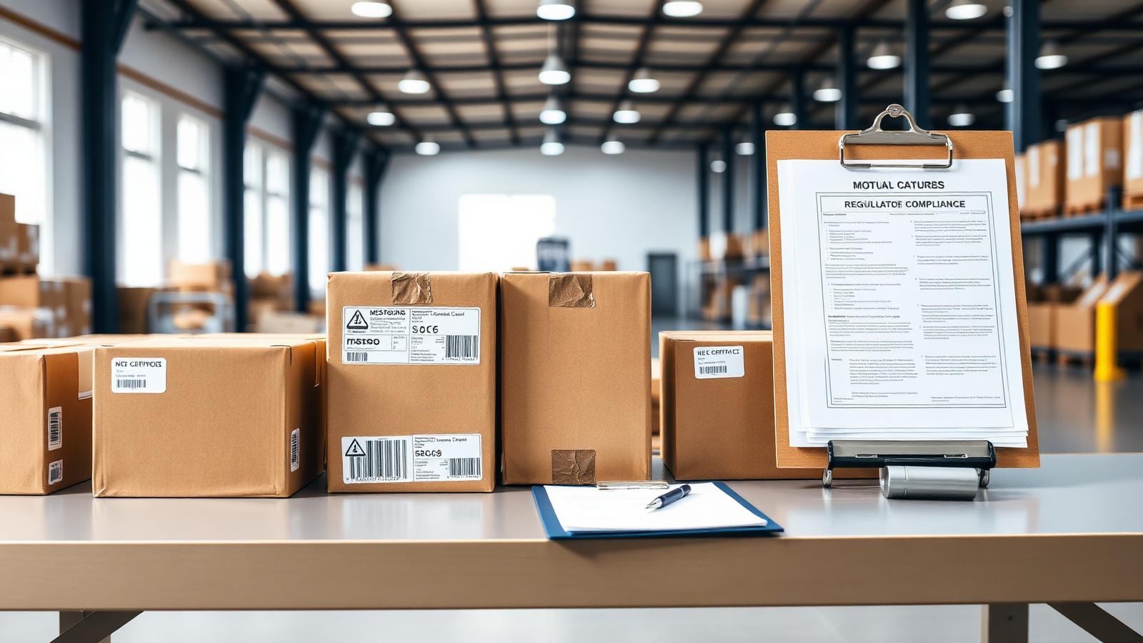 Imported product cartons with regulatory compliance labels on an inspection bench beside a clipboard of certification documents
