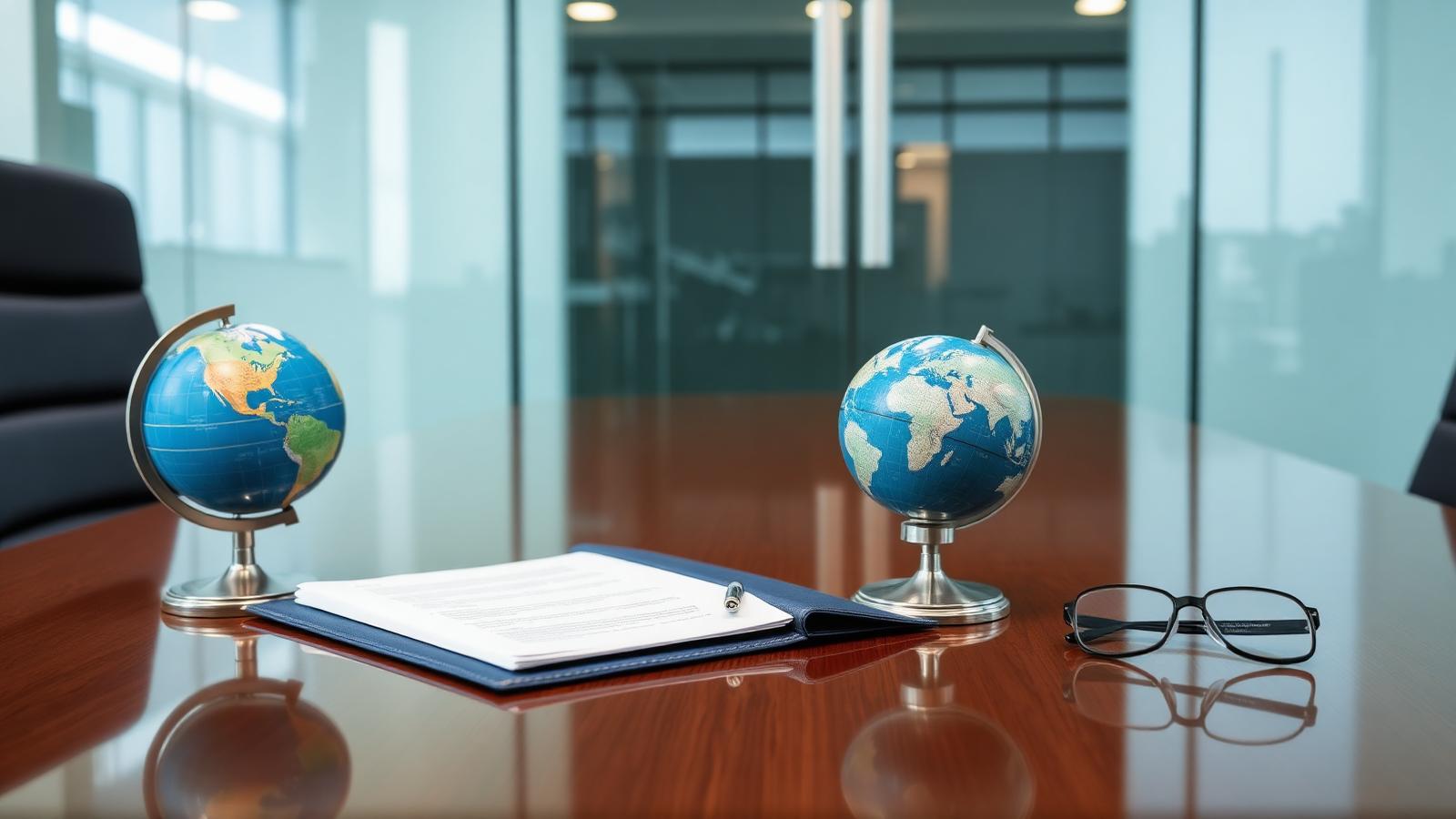 Empty glass-walled boardroom with a closed subsidiary formation folder and a globe turned to North America