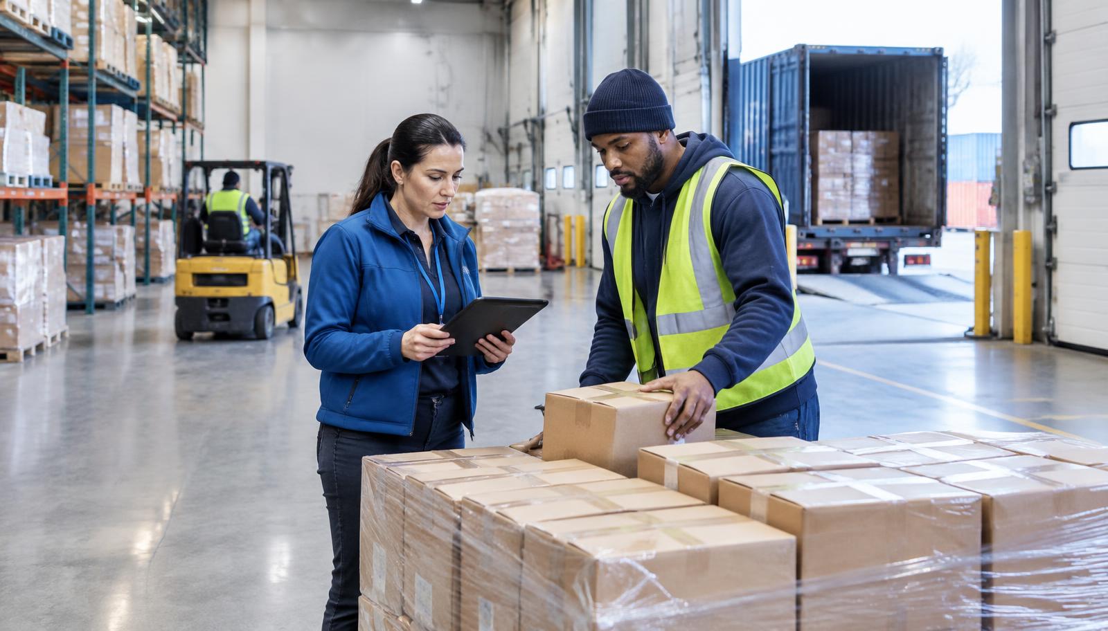Warehouse staff reviewing inbound cartons and inventory at a US third-party logistics receiving dock